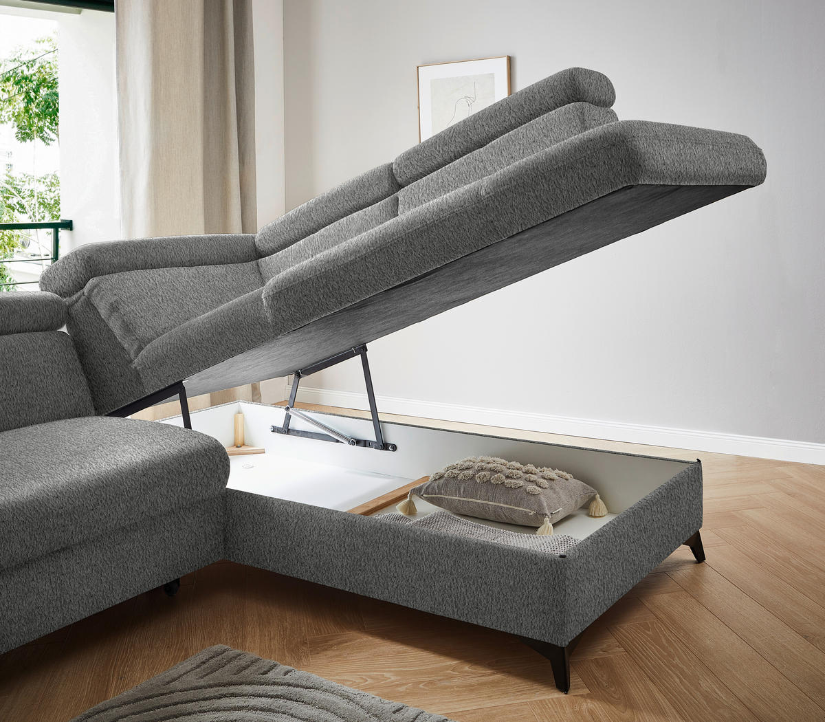 ECKSOFA in Teddystoff Grau  - Schwarz/Grau, Design, Textil/Metall (260/203cm) - Stylife