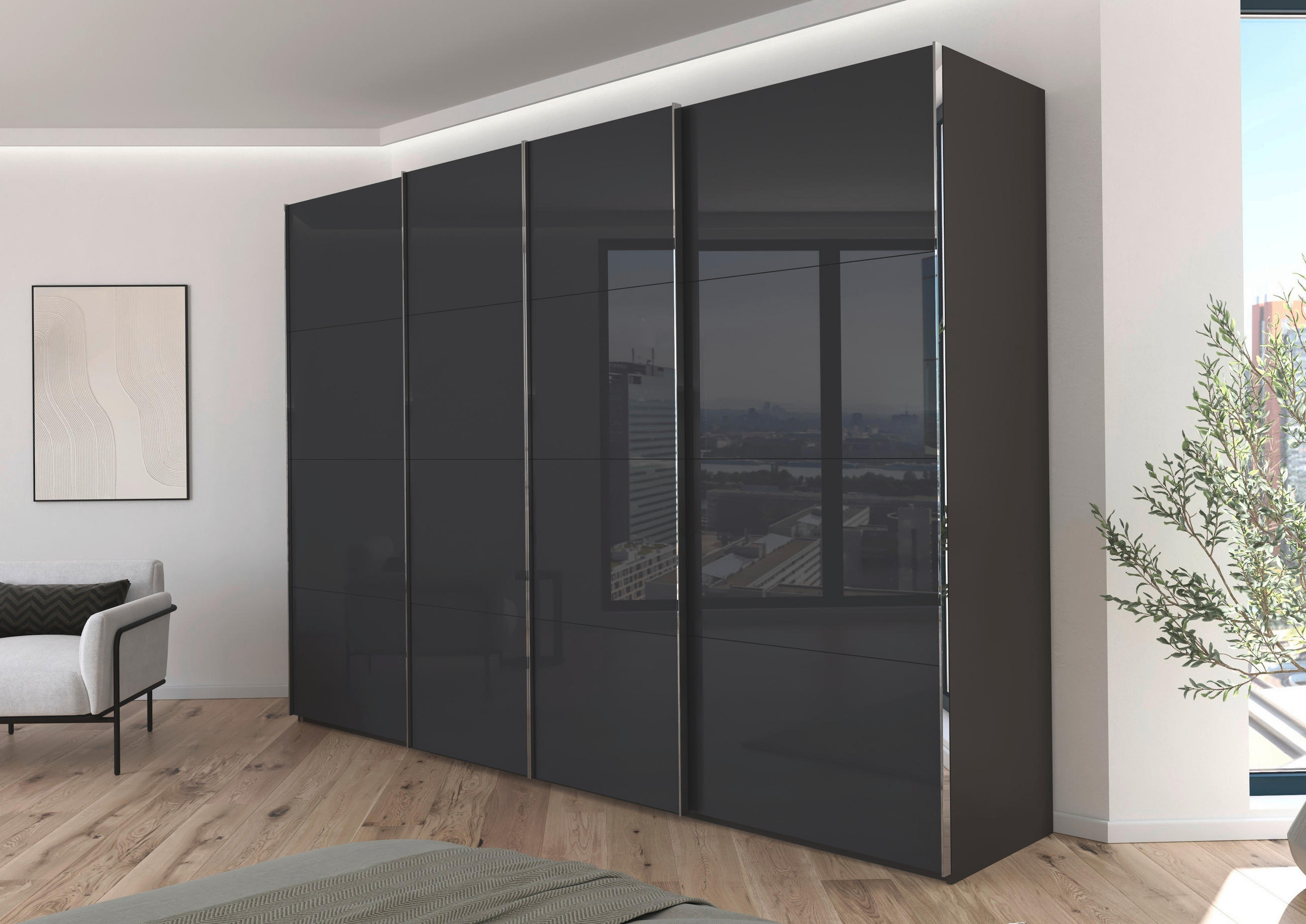 SCHWEBETÜRENSCHRANK 316/223/68 cm 4-türig Graphitfarben, Grau  - Chromfarben/Graphitfarben, Design, Glas/Holzwerkstoff (316/223/68cm) - Novel