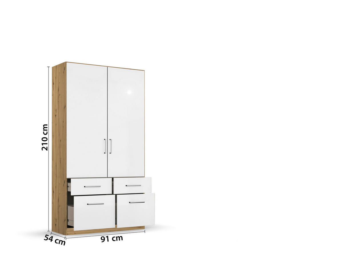 DREHTÜRENSCHRANK  in Eiche Artisan, Weiß Hochglanz  - Chromfarben/Weiß Hochglanz, MODERN, Holzwerkstoff/Kunststoff (91/210/54cm) - Rauch Möbel