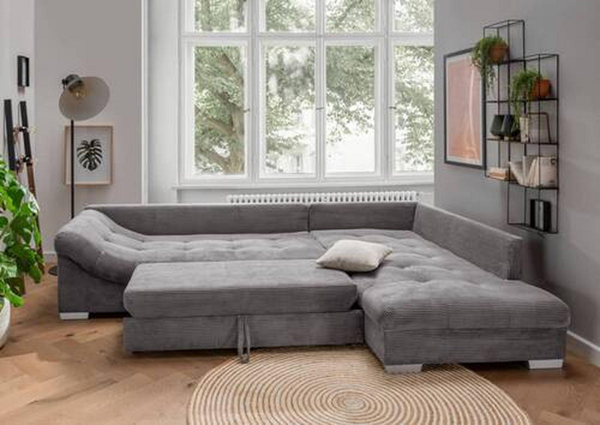 ECKSOFA Grau Cord  - Silberfarben/Grau, Design, Holz/Textil (298/202cm) - MID.YOU
