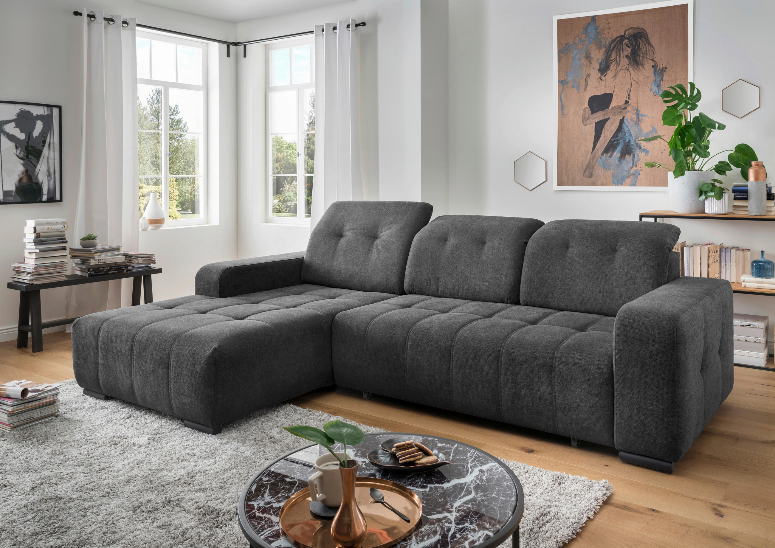 ECKSOFA VICARI Anthrazit Mikrofaser Kopfteilverstellung, Sitzvorzug  - Anthrazit/Schwarz, MODERN, Textil/Metall (185/292cm) - Livetastic