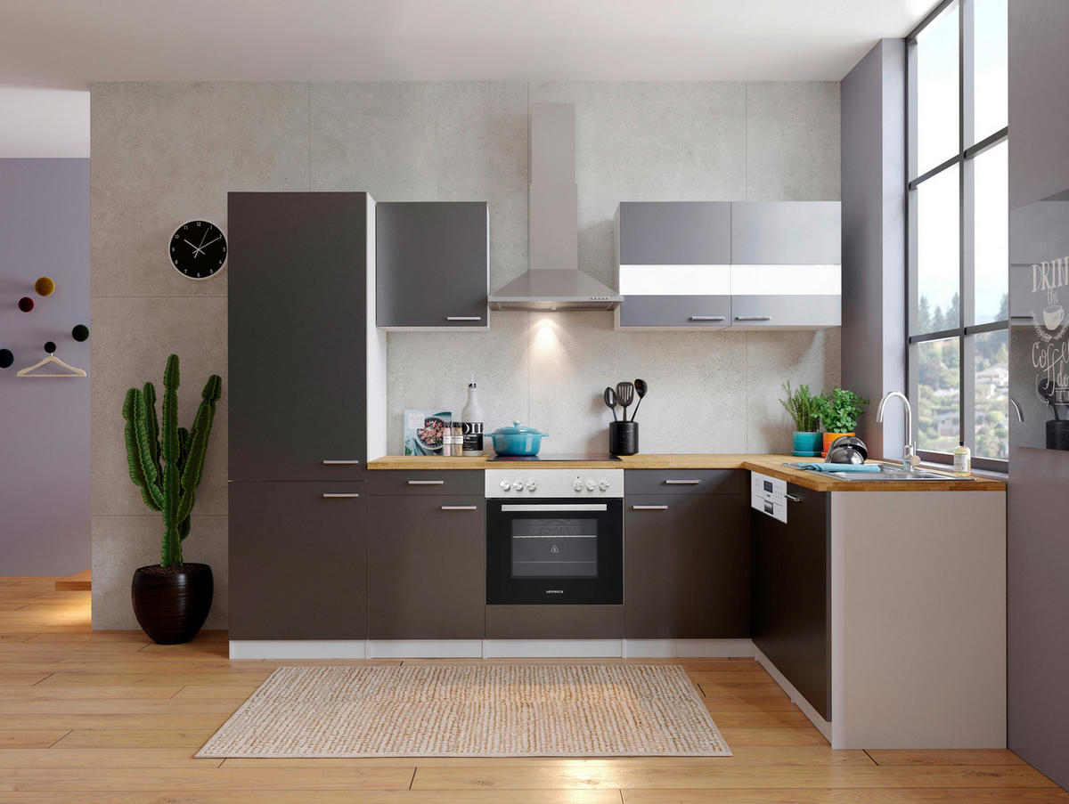 ECKKÜCHE 280/172 cm  in Grau  - Edelstahlfarben/Nussbaumfarben, Basics, Holzwerkstoff/Metall (280/172cm) - Respekta