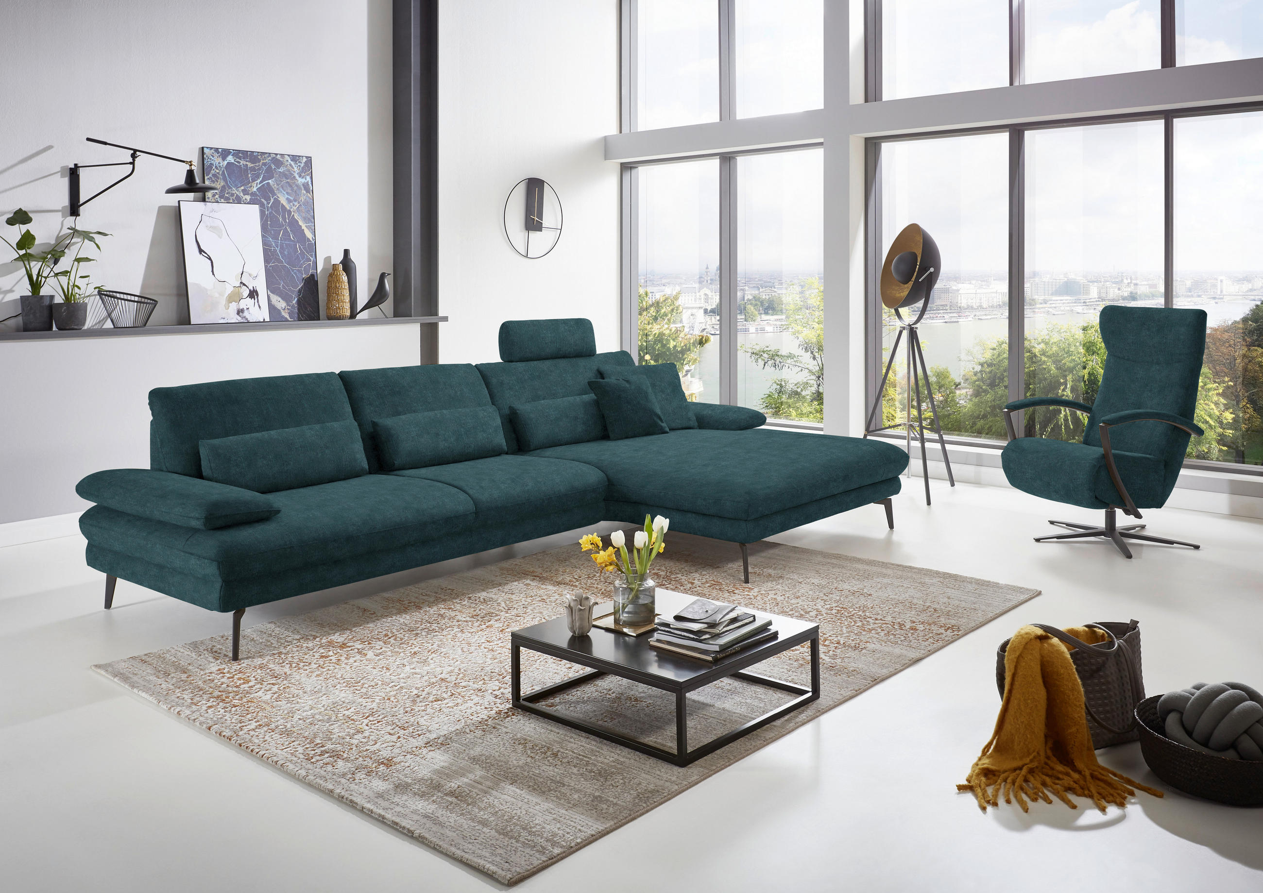 ECKSOFA in Velours Petrol  - Petrol/Schwarz, Design, Textil/Metall (310/180cm) - Dieter Knoll