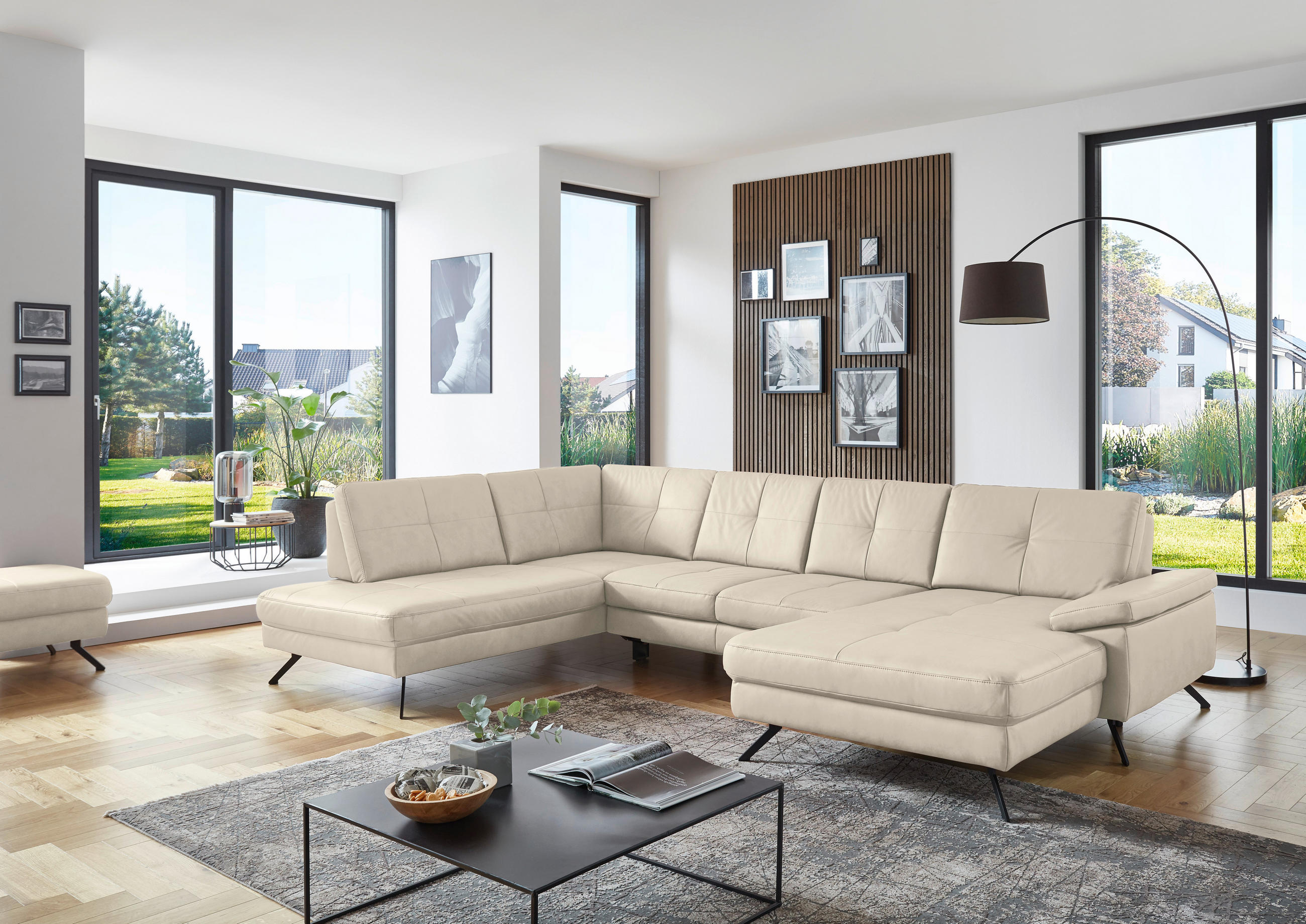 WOHNLANDSCHAFT in Lederlook, Mikrofaser Creme, Naturfarben  - Creme/Schwarz, Design, Textil/Metall (220/345cm) - Beldomo System