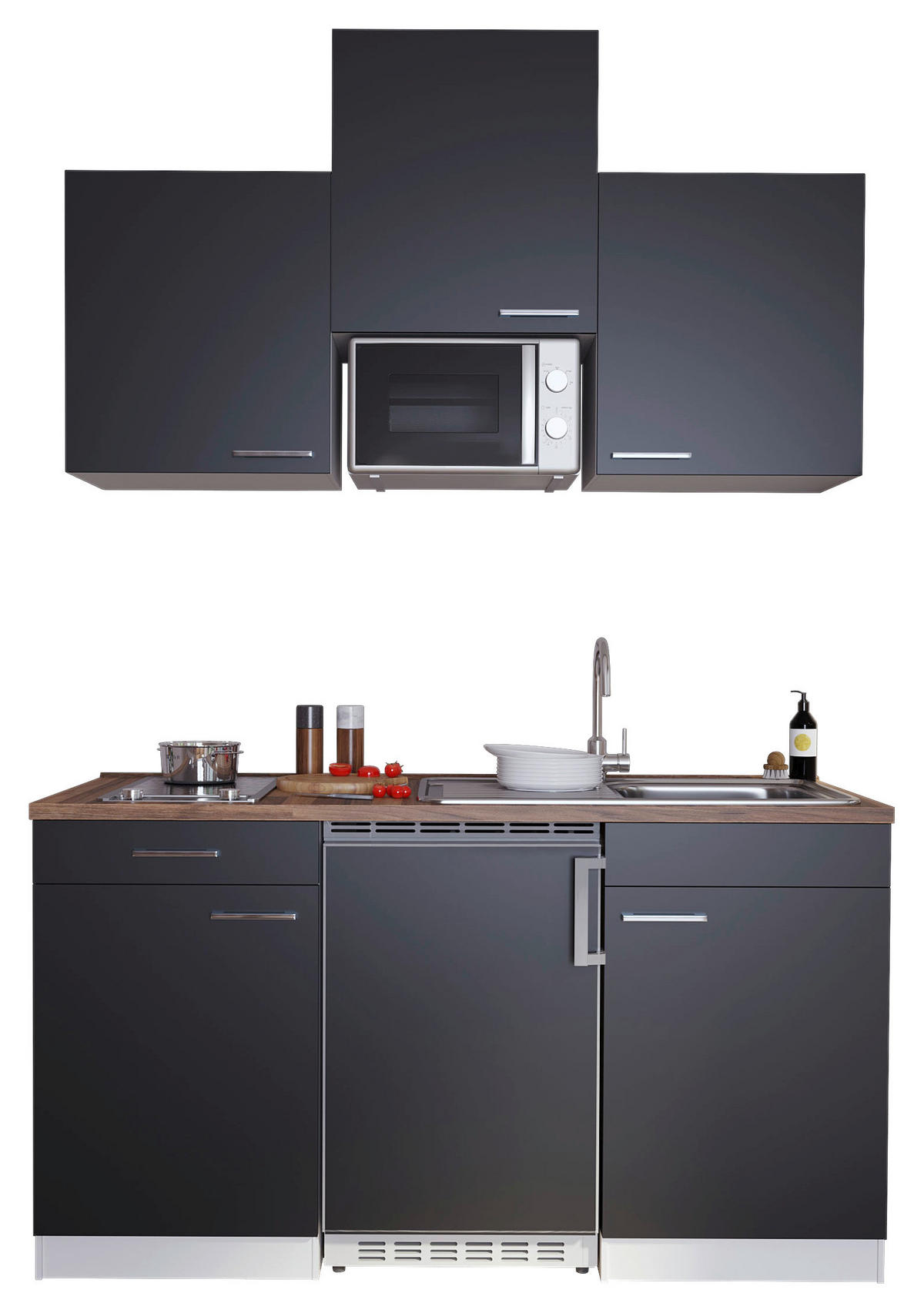 MINIKÜCHE 150 cm   in Schwarz  - Weiss/Edelstahlfarben, Basics, Holzwerkstoff/Kunststoff (150cm) - Respekta