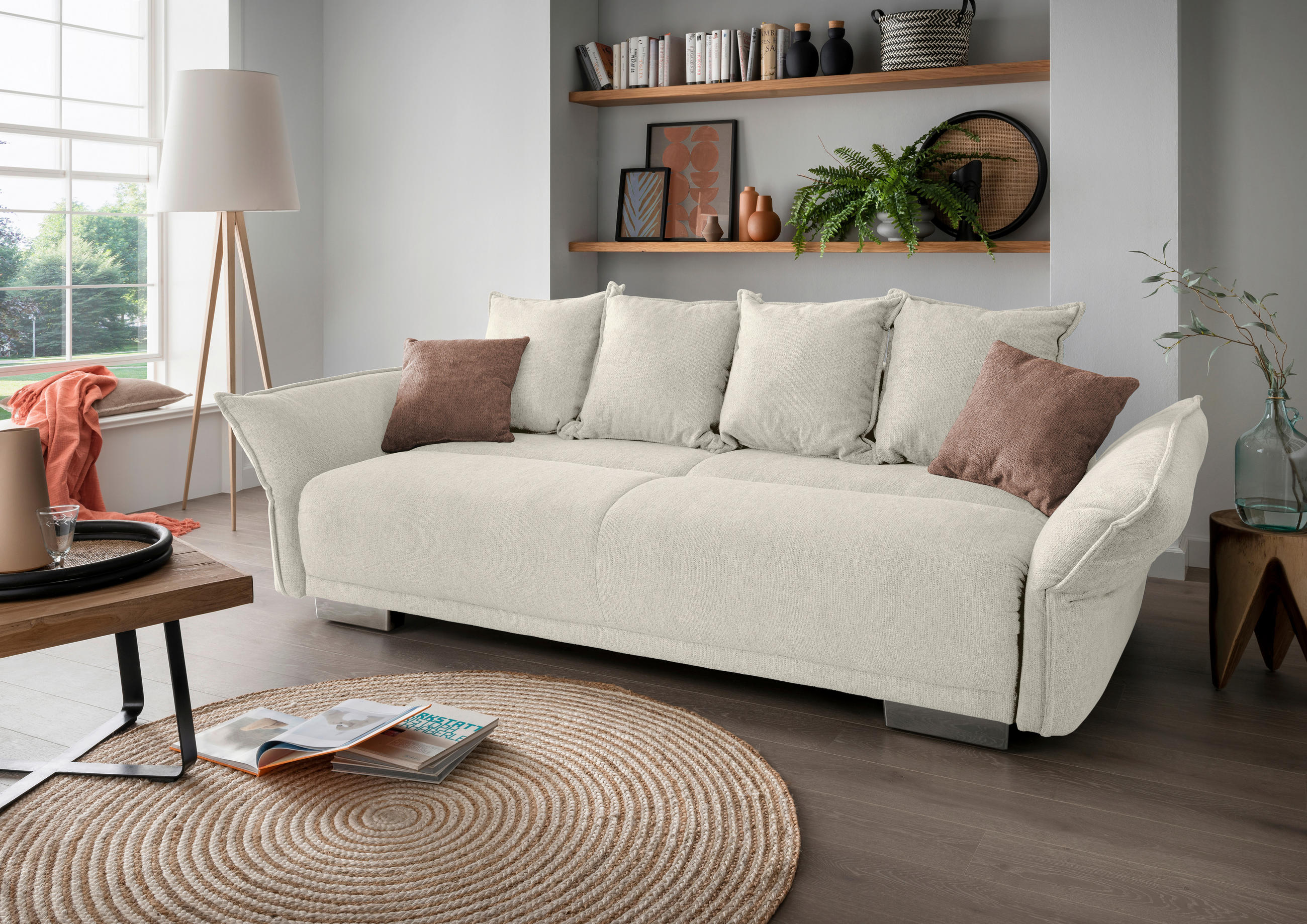 BIGSOFA in Chenille Beige  - Chromfarben/Koralle, MODERN, Kunststoff/Textil (242/71/90/131cm) - Livetastic