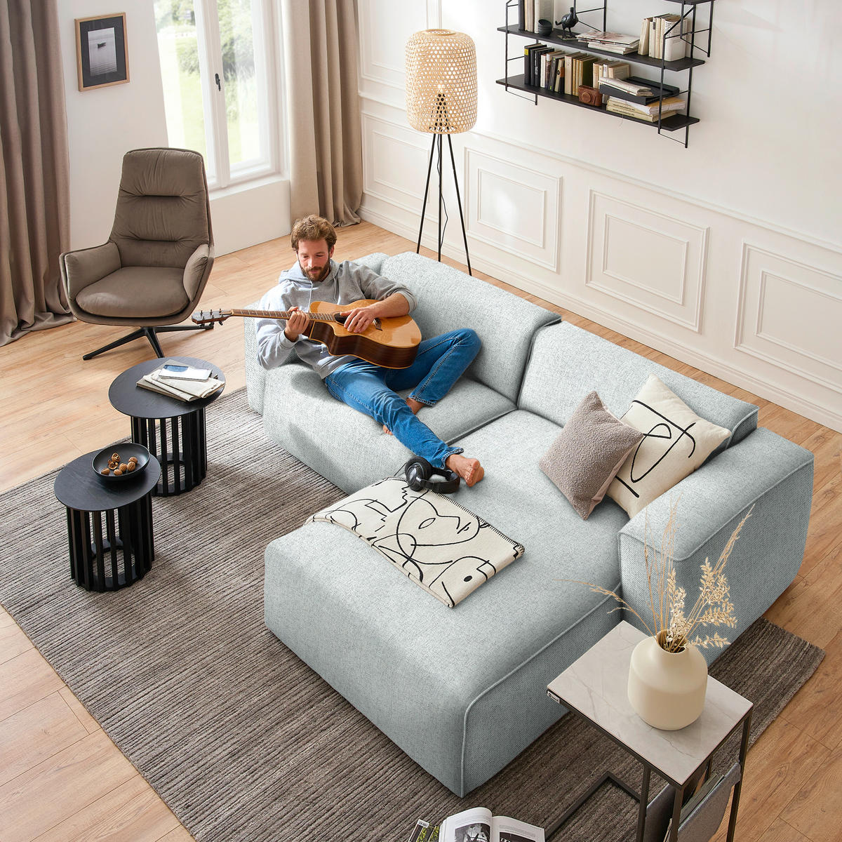 ECKSOFA in Webstoff Hellgrau  265/171 cm  - Hellgrau/Schwarz, Design, Kunststoff/Textil (265/171cm) - home24