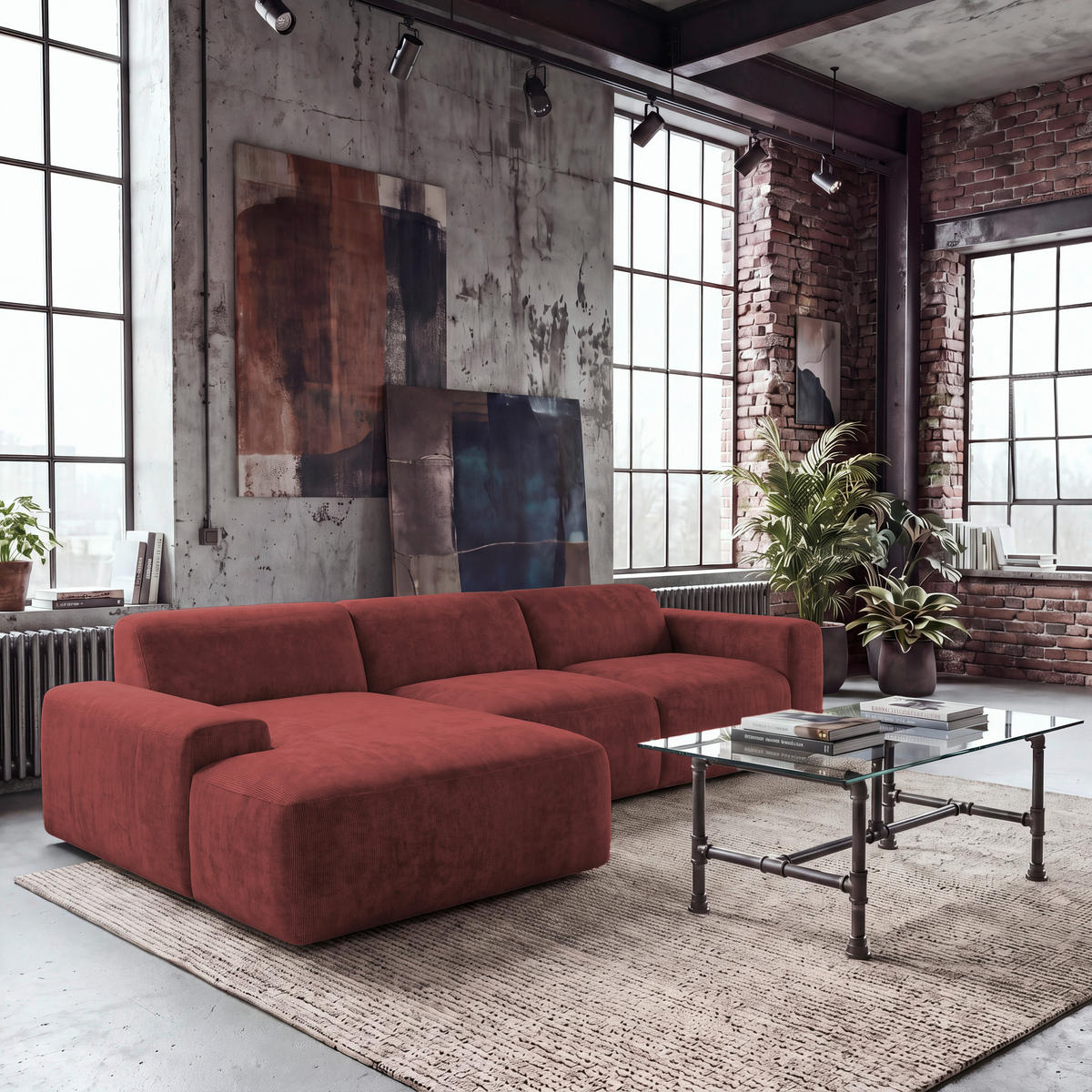 ECKSOFA HANNAH Rot Cord  - Rot/Schwarz, Design, Kunststoff/Textil (170/343cm) - MID.YOU