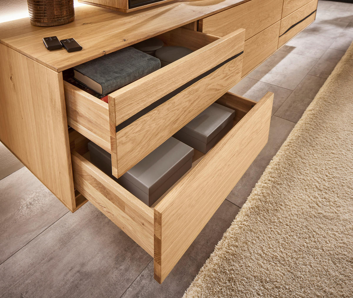 WOHNWAND 3-teilig  in Braun, Schwarz, Eichefarben  280/195/50 cm  - Eichefarben/Schwarz, Natur, Glas/Holz (280/195/50cm) - Waldwelt