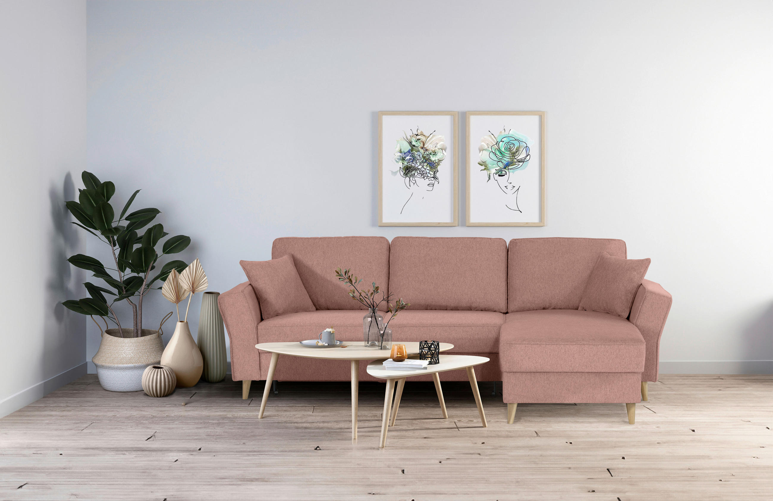 ECKSOFA in Flachgewebe Rosa  - Eichefarben/Rosa, Konventionell, Holz/Textil (265/159cm) - Carryhome