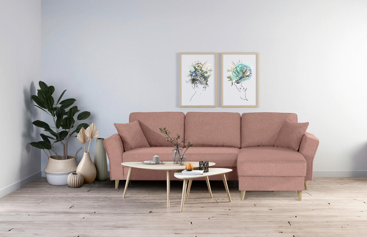 ECKSOFA in Flachgewebe Rosa  - Eichefarben/Rosa, KONVENTIONELL, Holz/Textil (265/159cm) - Carryhome
