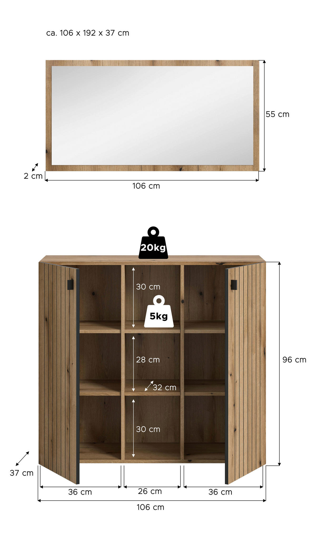 GARDEROBE 2-teilig  in 106/192/37 cm  - Eichefarben, Design, Holzwerkstoff (106/192/37cm) - MID.YOU