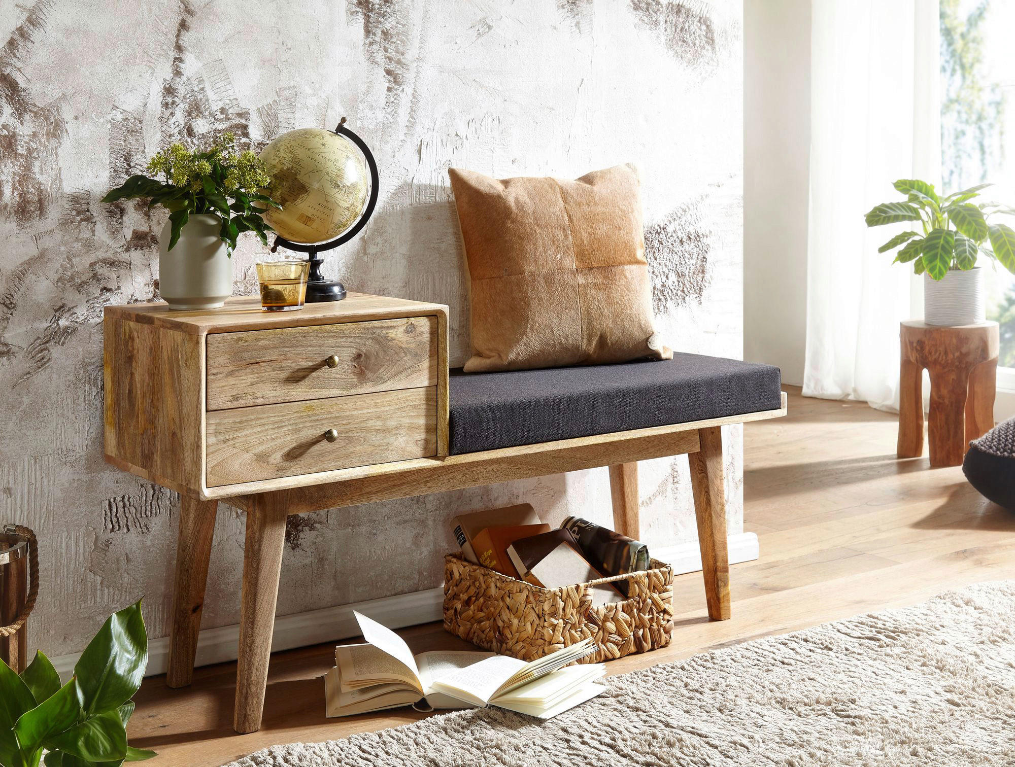 HOCKERBANK in Holz, Textil Schwarz  - Schwarz/Braun, Modern, Holz/Textil (120/65/40cm) - MID.YOU