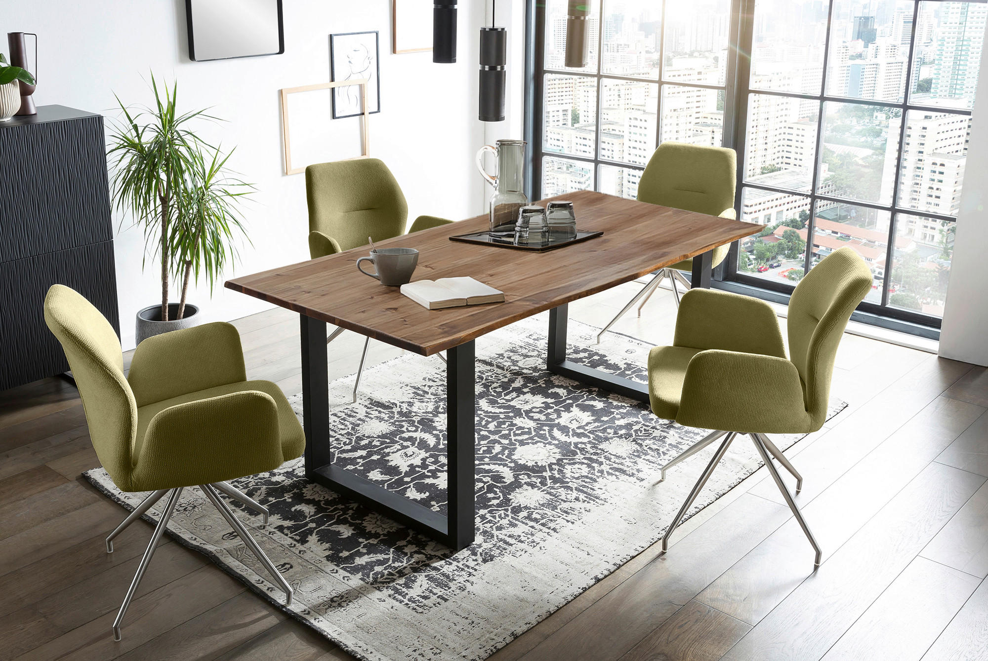 TISCHGRUPPE in Holz, Metall, Textil Grün, Walnussfarben  - Silberfarben/Walnussfarben, MODERN, Holz/Textil (160/90/75cm) - Livetastic