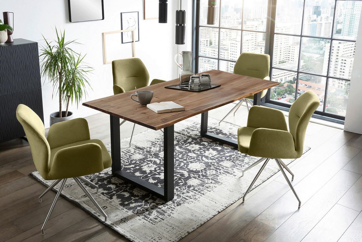 TISCHGRUPPE Struktur Akazie massiv Grün, Walnussfarben  - Silberfarben/Walnussfarben, MODERN, Holz/Textil (160/90/75cm) - Livetastic