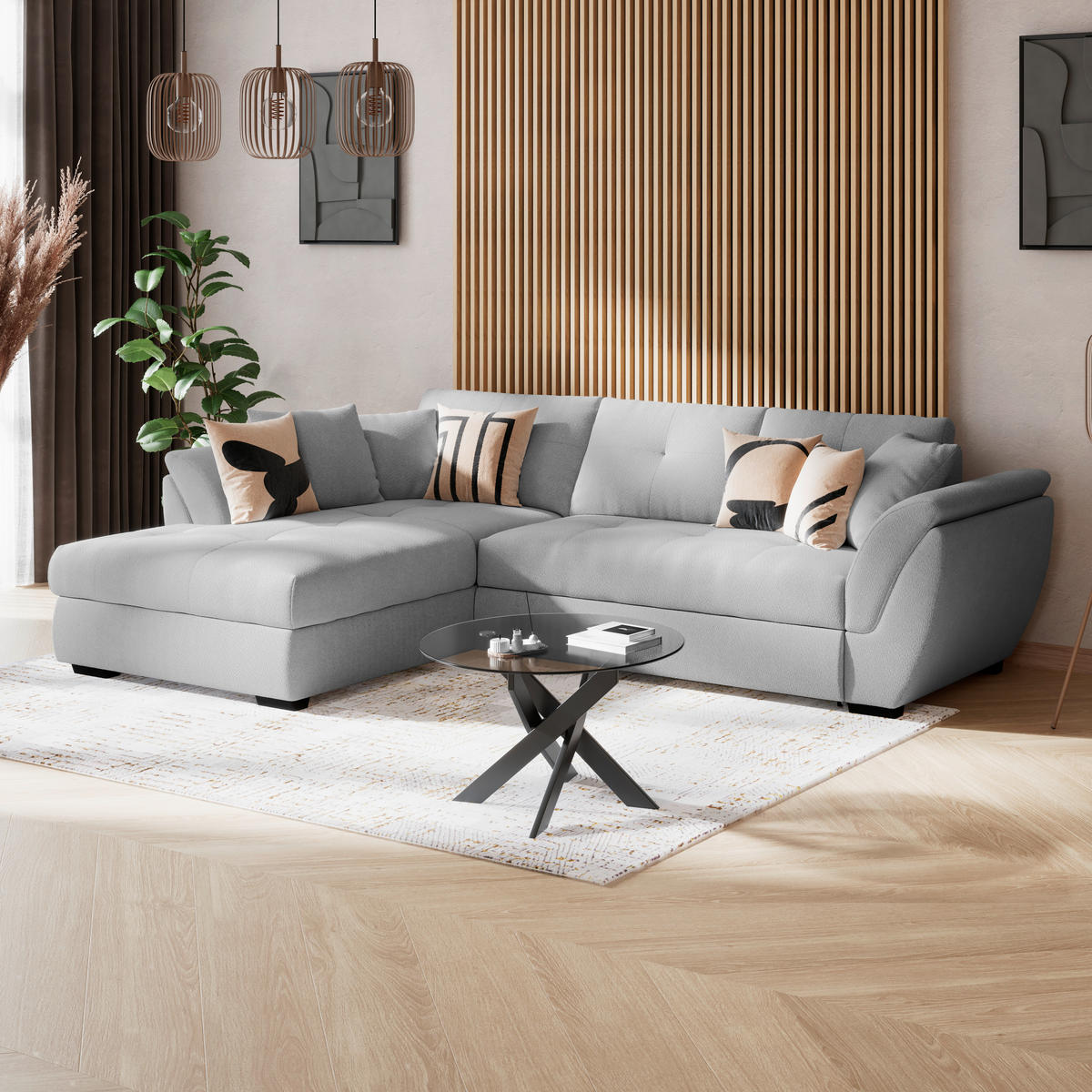 ECKSOFA Hellgrau Zierkissen, Bettkasten, Schlaffunktion, Rücken echt  - Hellgrau/Schwarz, KONVENTIONELL, Kunststoff/Textil (187/278cm) - MID.YOU