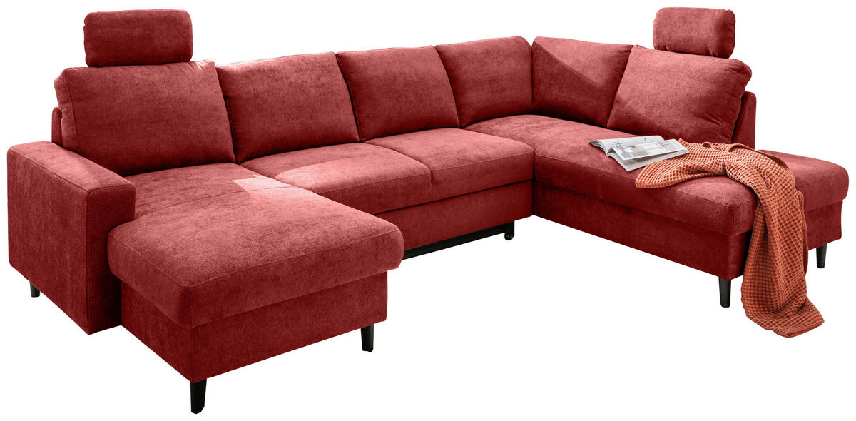 WOHNLANDSCHAFT in Chenille Rot  - Rot/Schwarz, Modern, Holz/Textil (153/305/200cm) - Livetastic