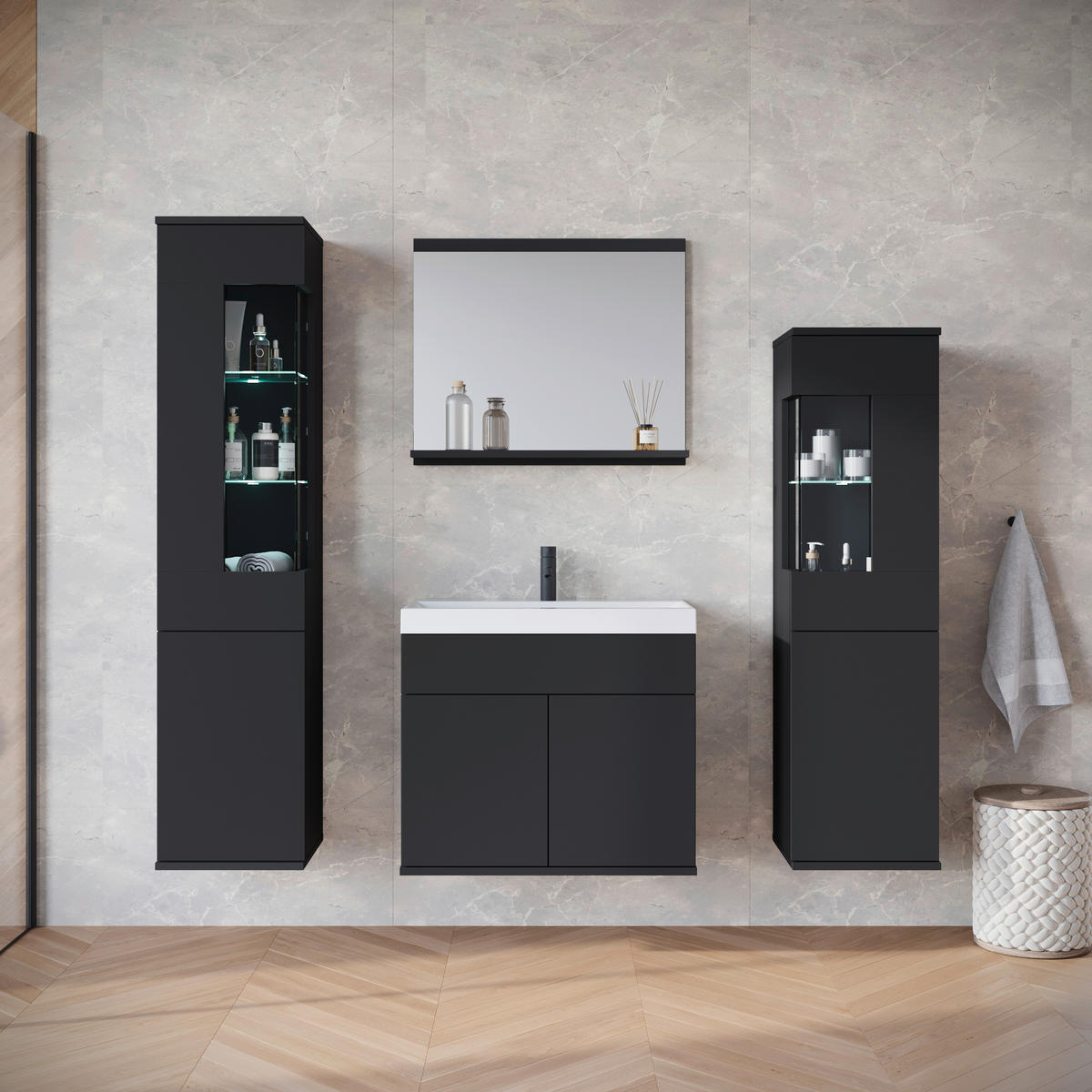BADEZIMMER 5-teilig  in 120,4 cm  - Schwarz/Weiß, Trend, Glas/Keramik (120,4cm) - P & B