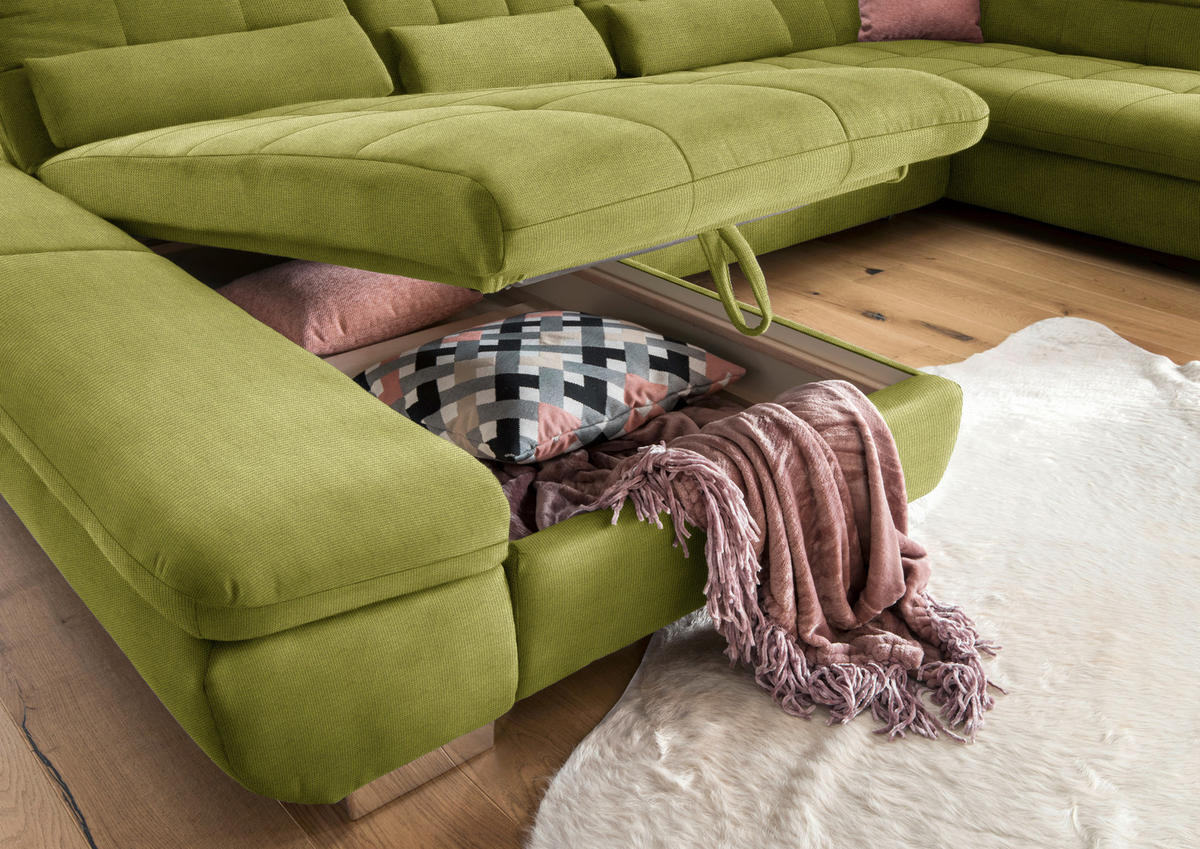 WOHNLANDSCHAFT in Mikrofaser Hellgrün  - Chromfarben/Hellgrün, Design, Kunststoff/Textil (204/350/211cm) - Xora
