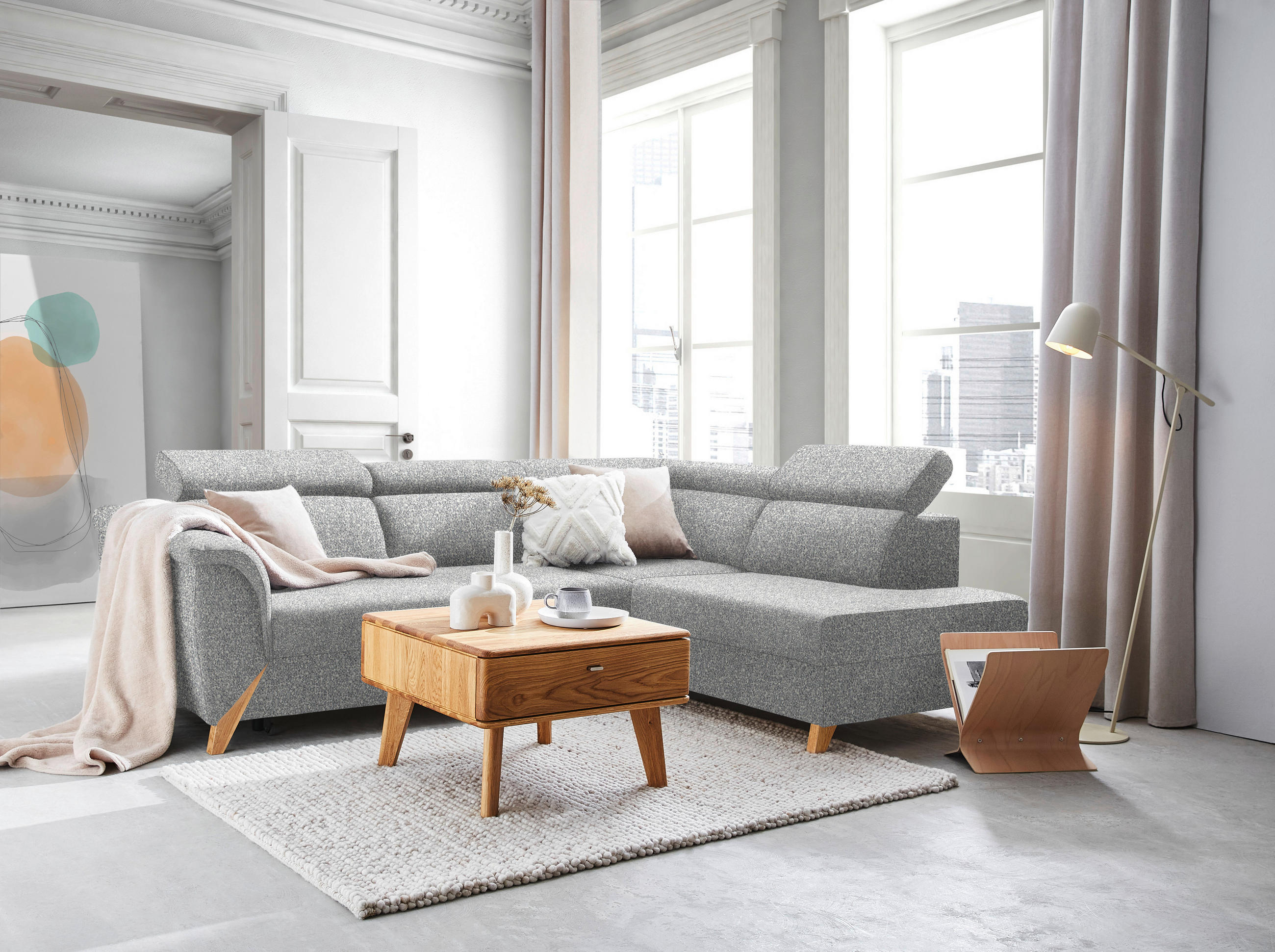 ECKSOFA  in Bouclé Grau  265/200 cm  - Naturfarben/Grau, KONVENTIONELL, Holz/Textil (265/200cm) - Stylife