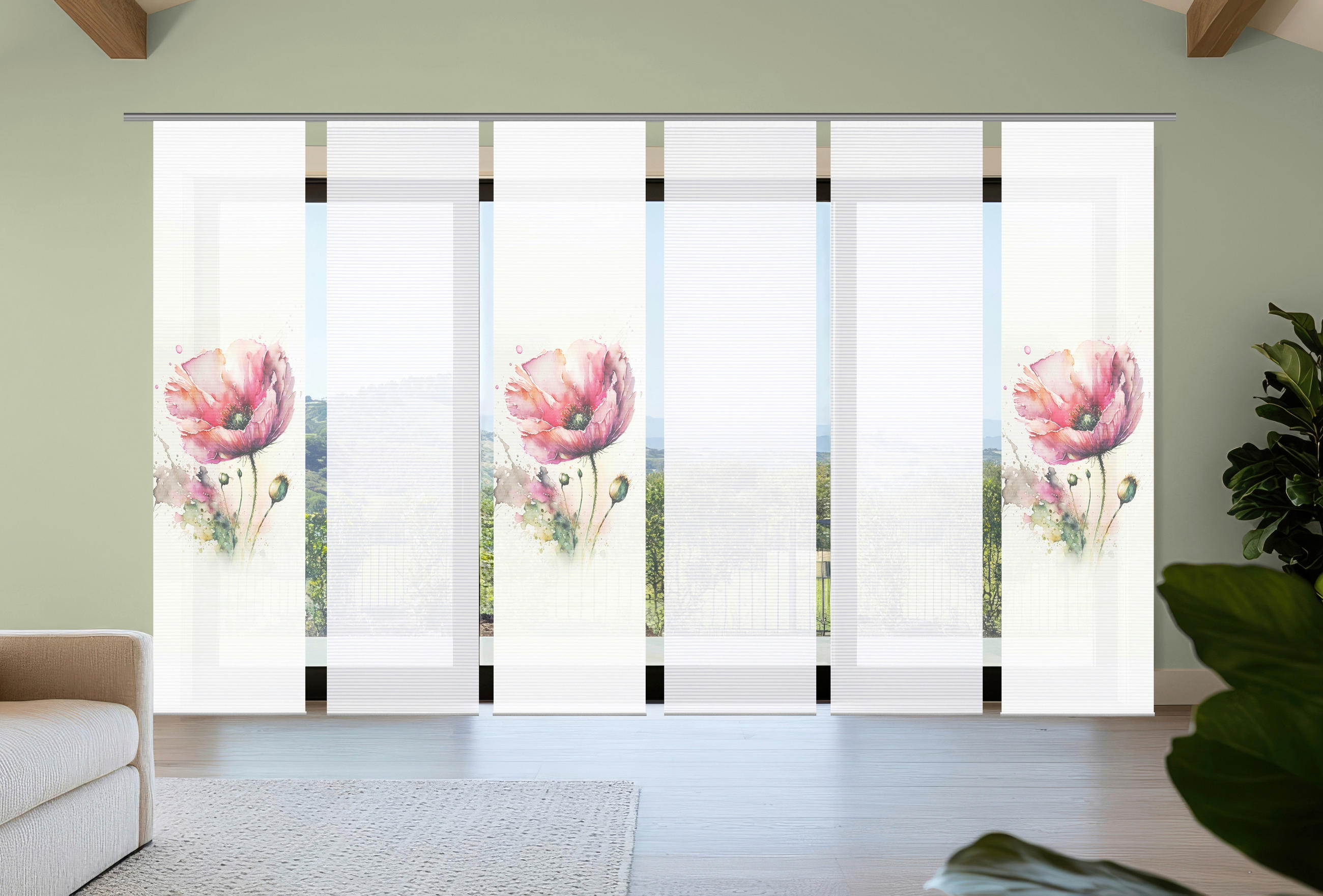 FLÄCHENVORHANG  6 Stück  blickdicht  60/245 cm   - Salbeigrün/Rosa, Natur, Textil (60/245cm)