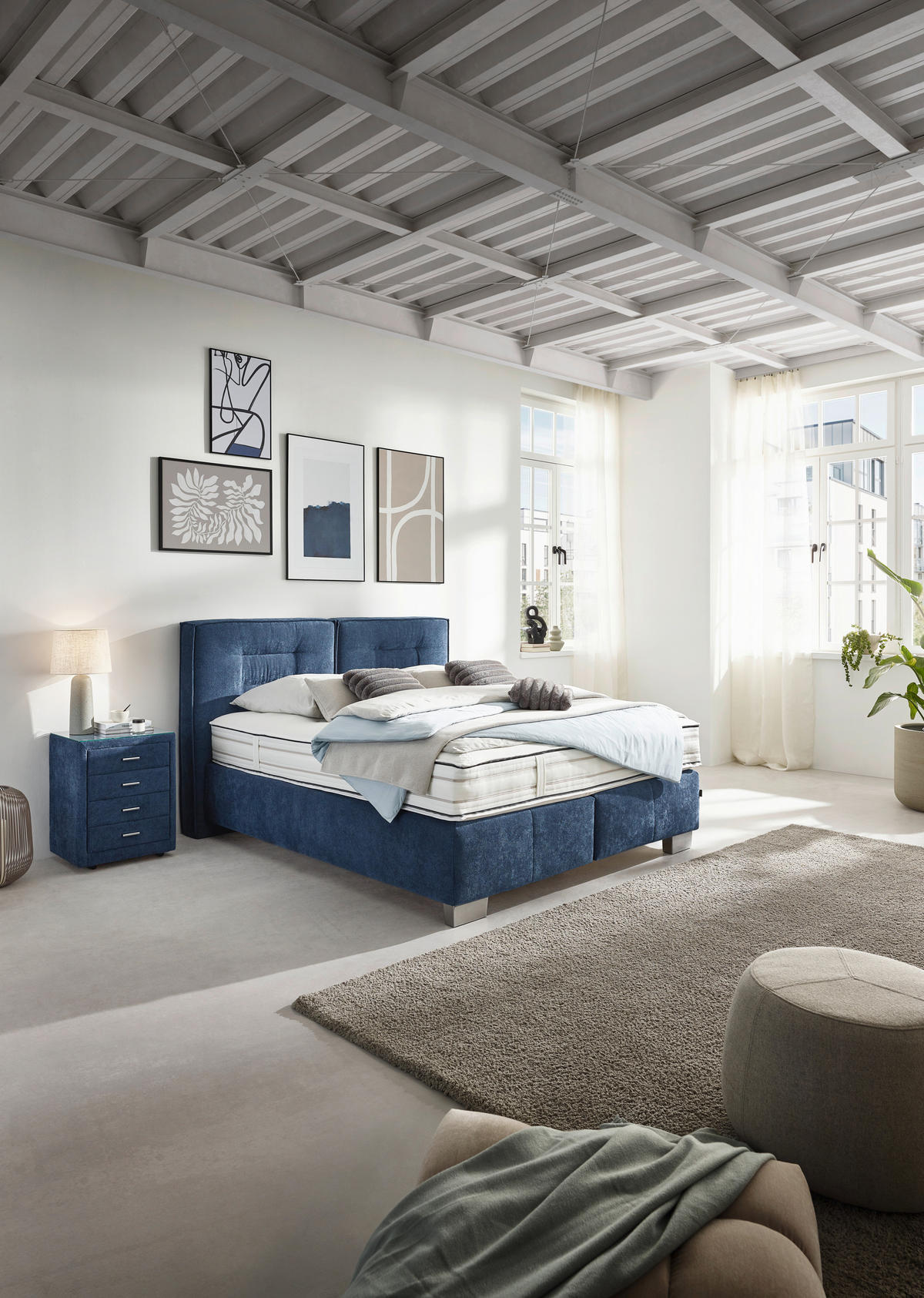 BOXSPRINGBETT 200/200 cm  in Dunkelblau  - Chromfarben/Dunkelblau, KONVENTIONELL, Textil/Metall (200/200cm) - Dieter Knoll
