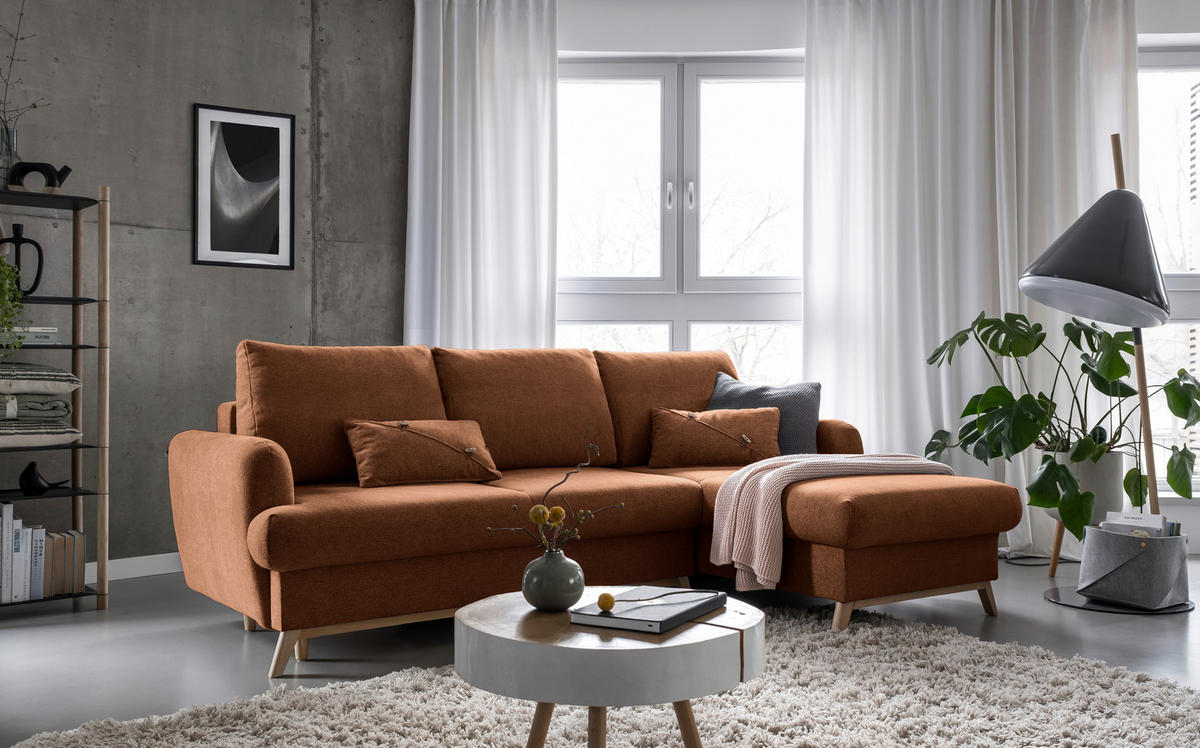 ECKSOFA in Chenille Terracotta  235/157 cm  - Terracotta/Naturfarben, Holz/Textil (235/157cm) - MID.YOU