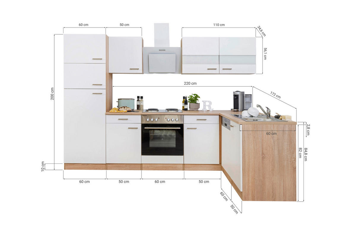 ECKKÜCHE 280/172 cm  in Weiss, Eichefarben  - Weiss/Eichefarben, Basics, Glas/Holzwerkstoff (280/172cm) - Respekta