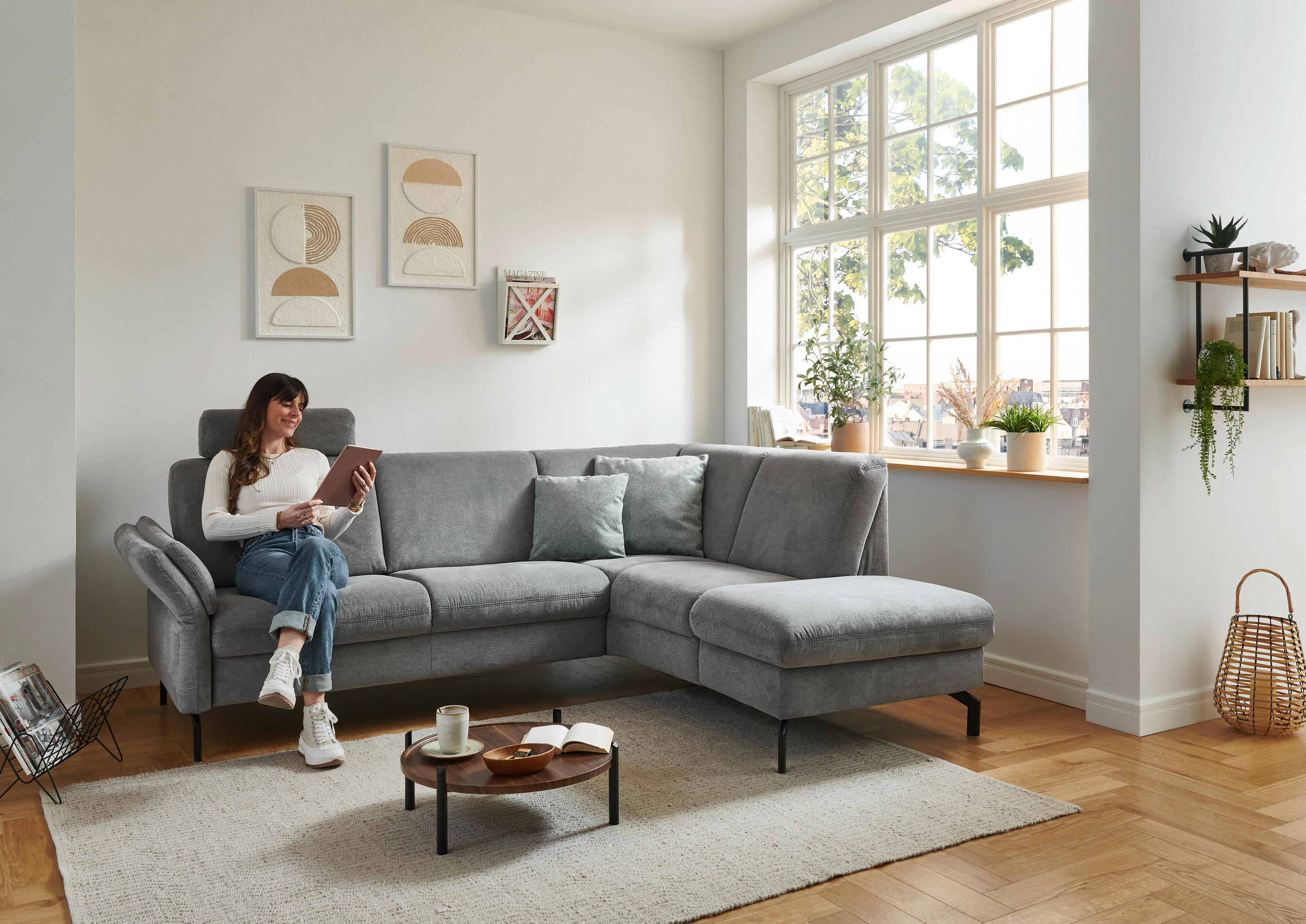 ECKSOFA in Flachgewebe Grau  - Schwarz/Grau, Konventionell, Textil/Metall (241/190cm) - Beldomo Comfort