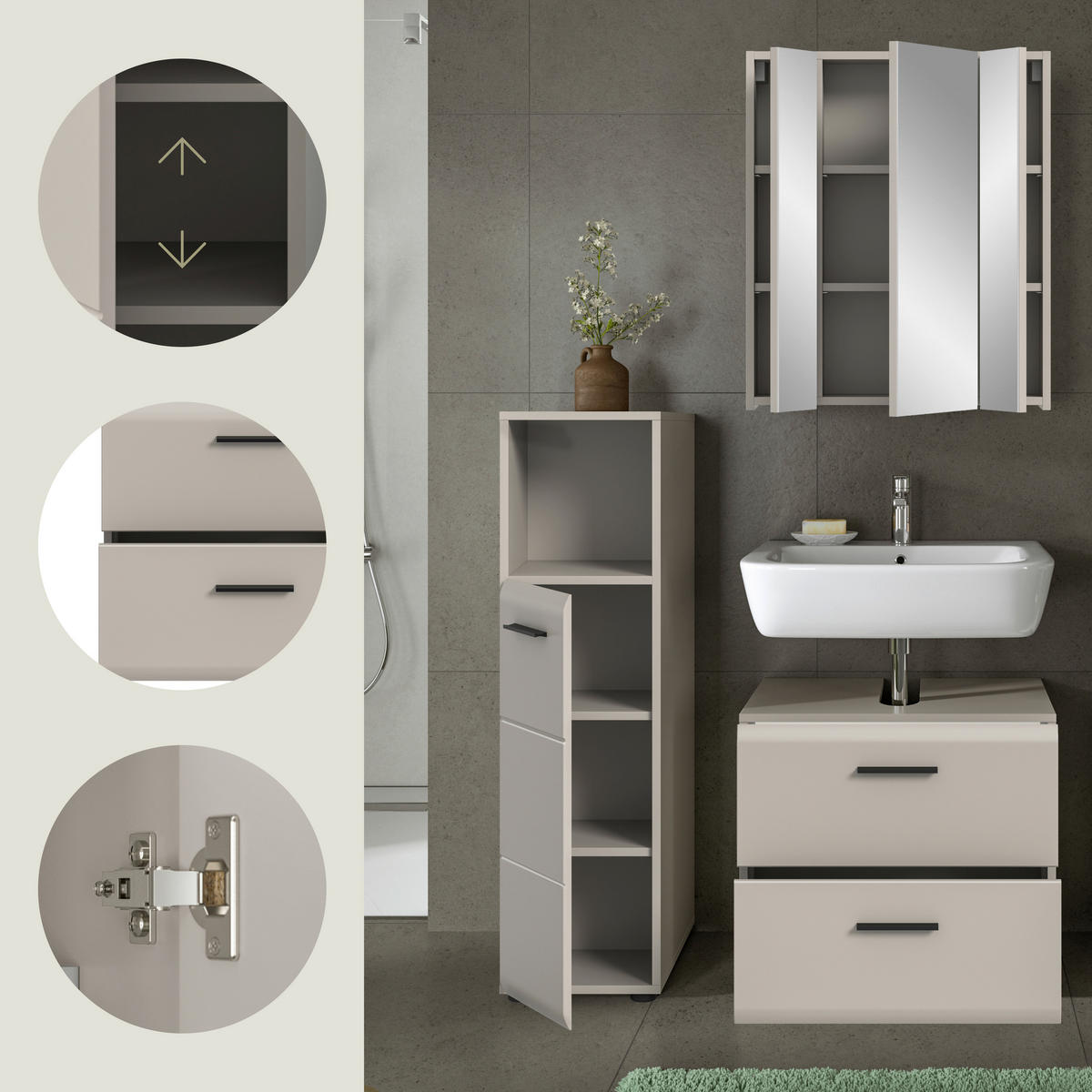 BADEZIMMER 3-teilig  in 90 cm  - Kaschmir/Schwarz, Trend, Glas/Holzwerkstoff (90cm) - MID.YOU
