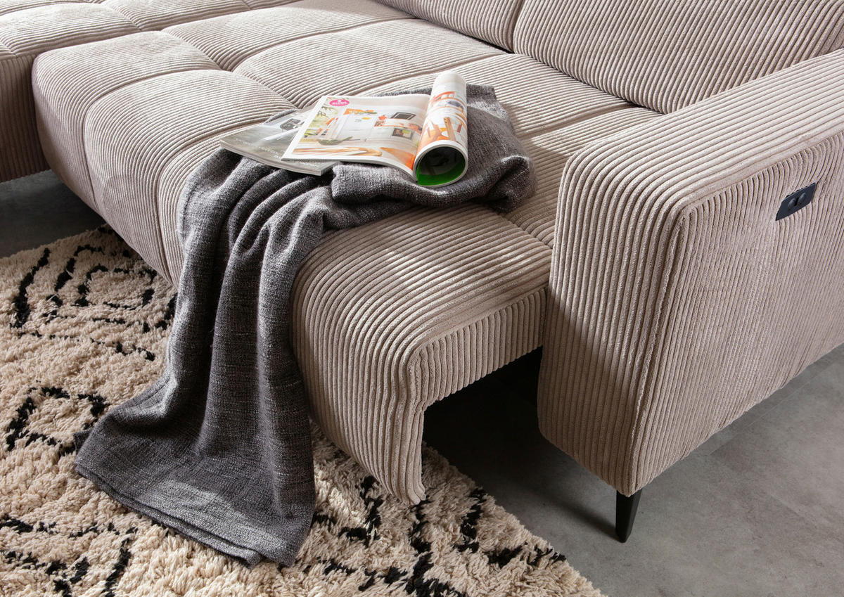 ECKSOFA Taupe Cord Rücken echt, Kopfteilverstellung, Sitzvorzug  - Taupe/Schwarz, KONVENTIONELL, Textil/Metall (170/257cm) - Carryhome