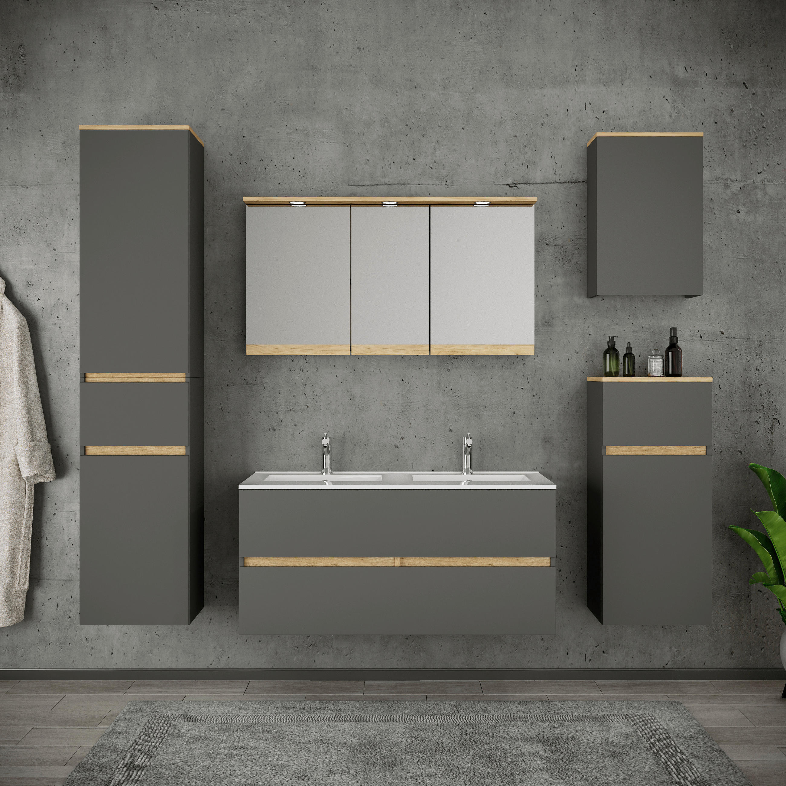 BADEZIMMER 6-teilig  in 192 cm  - Honigeiche/Anthrazit, Trend, Keramik/Holzwerkstoff (192cm) - MID.YOU