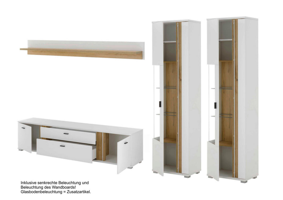 WOHNWAND 4-teilig  in Weiß, Eiche Wotan  330/200/42 cm  - Silberfarben/Eiche Wotan, Design, Glas/Holzwerkstoff (330/200/42cm) - MID.YOU