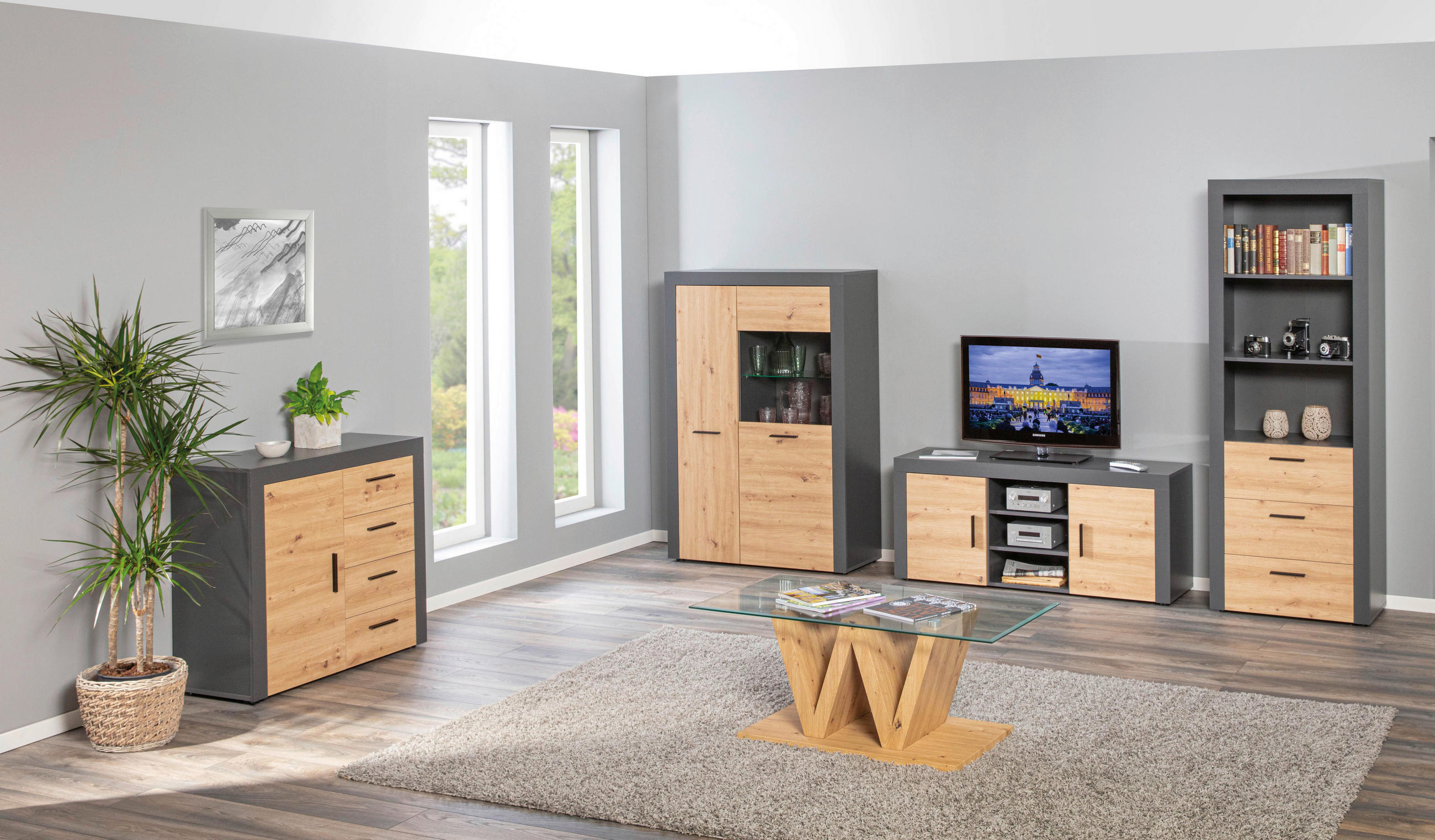 VITRINE Anthrazit, Eiche Artisan  - Anthrazit/Eiche Artisan, Basics, Glas (100/41,60/147cm) - MID.YOU