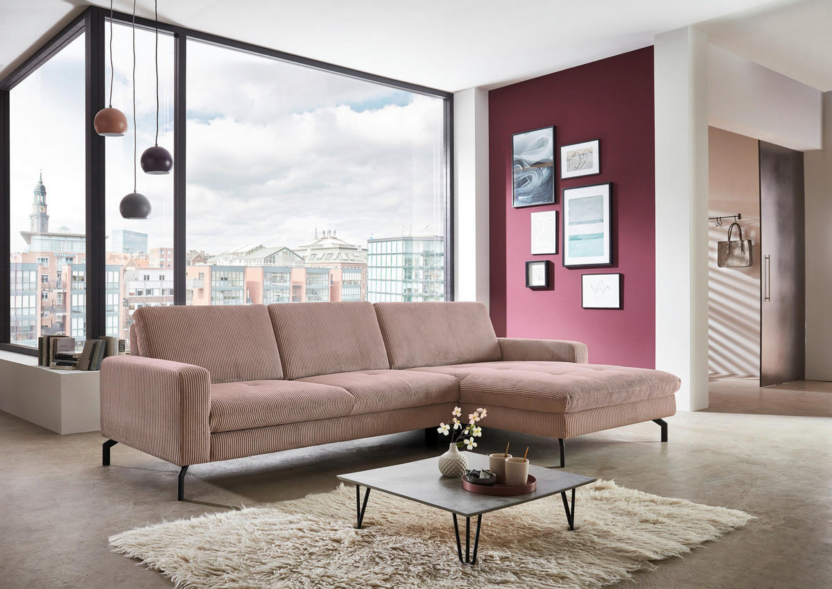 ECKSOFA in Cord Altrosa  - Schwarz/Altrosa, Design, Textil/Metall (302/178cm) - Beldomo Style