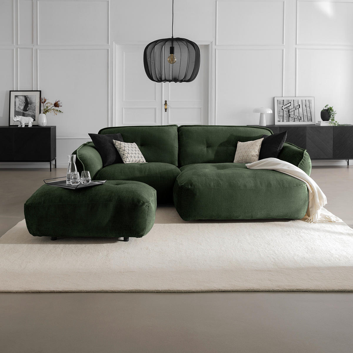 HOCKER in Textil Dunkelgrün  - Dunkelgrün/Schwarz, Modern, Kunststoff/Textil (102/46/65cm) - Trendmanufaktur