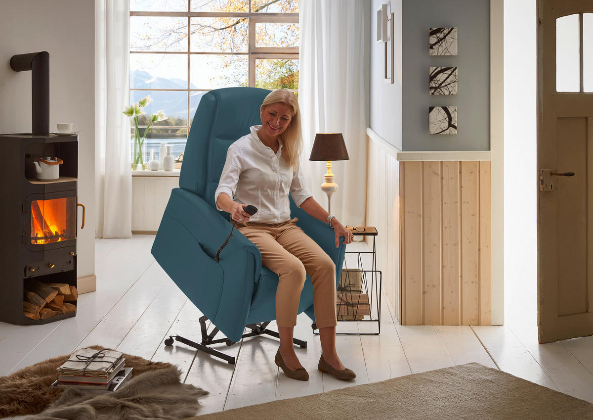 FERNSEHSESSEL Valdera  mit Relaxfunktion, Aufstehhilfe, Rücken echt Echtleder Blau  - Blau/Schwarz, KONVENTIONELL, Leder/Kunststoff (70/107/88cm) - Livetastic