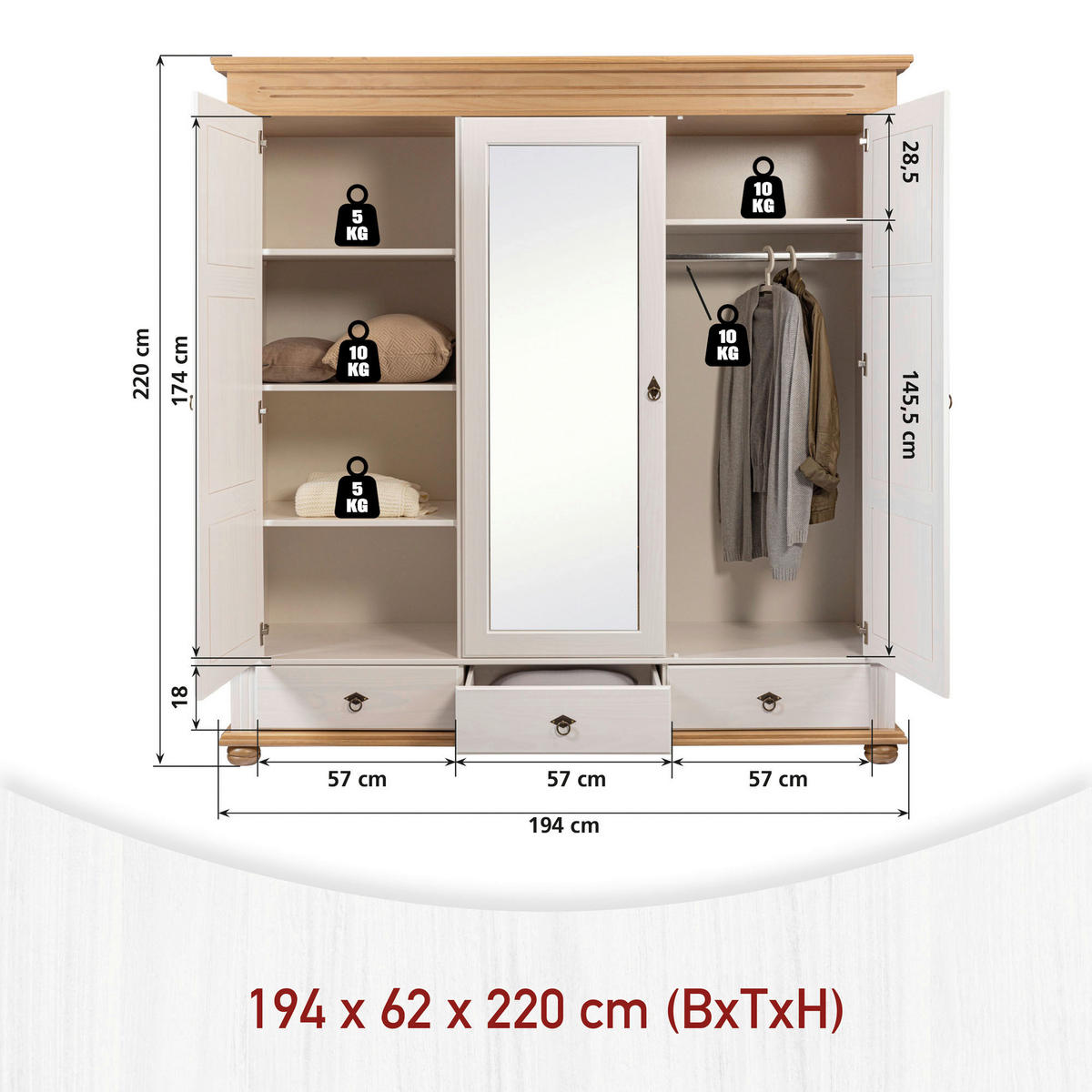 KLEIDERSCHRANK  in Weiß, Eichefarben  - Eichefarben/Schwarz, LIFESTYLE, Glas/Holz (194/220/62cm) - Ti'me