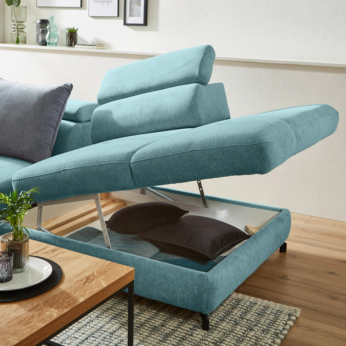 ECKSOFA in Webstoff Blau  277/237 cm  - Blau/Schwarz, Design, Textil/Metall (277/237cm) - Stylife