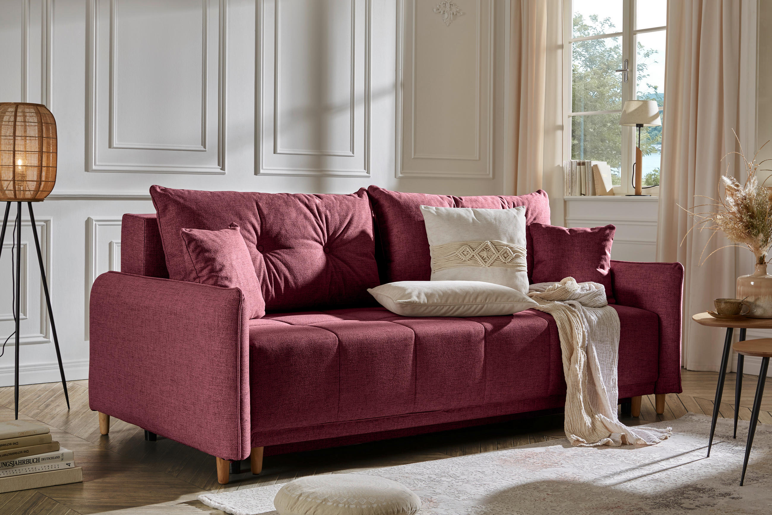 SCHLAFSOFA Webstoff Dunkelrot  - Eichefarben/Dunkelrot, Design, Holz/Textil (227/98/113cm) - Carryhome