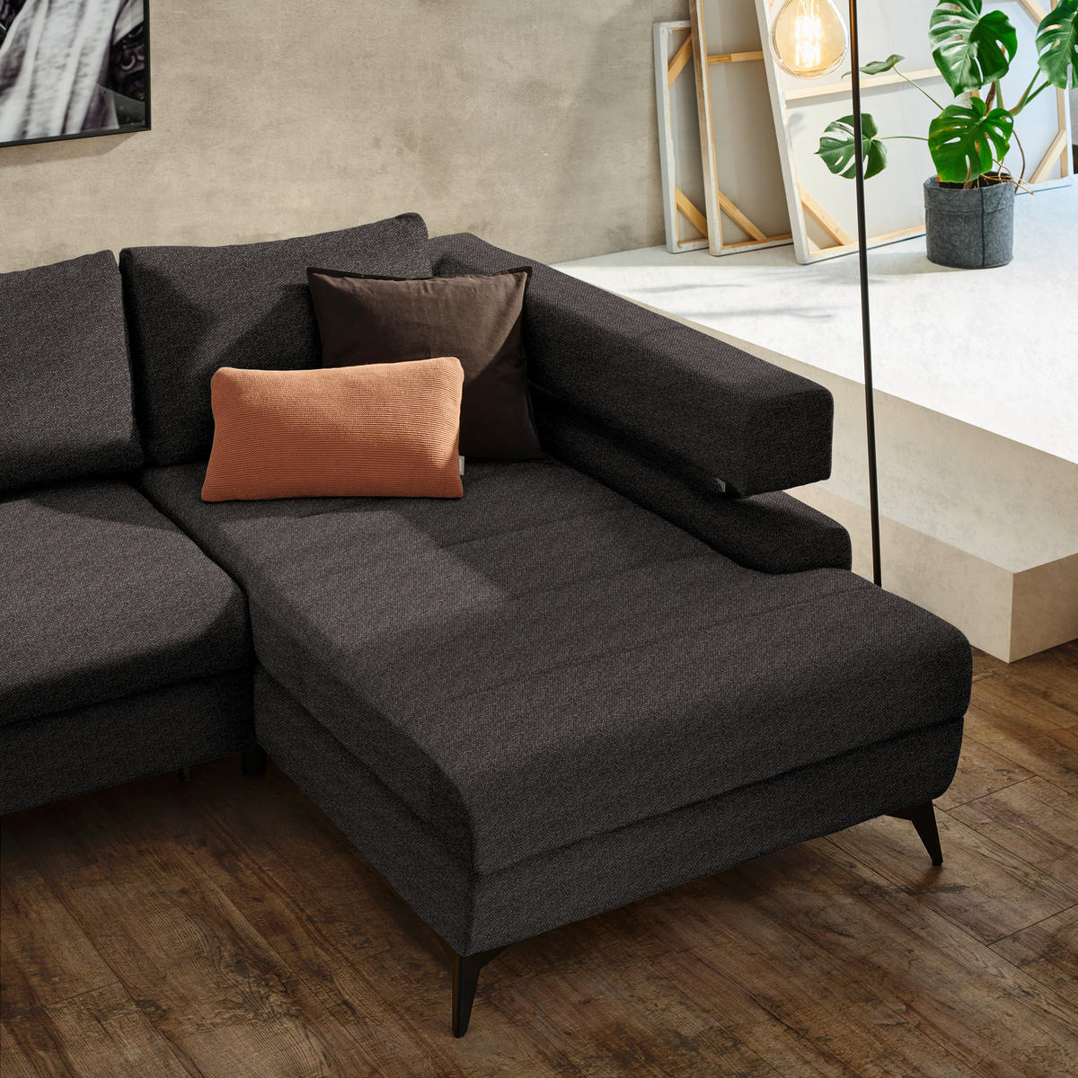 ECKSOFA in Chenille Dunkelbraun  - Dunkelbraun/Schwarz, Konventionell, Textil/Metall (265/184cm) - Hom`in