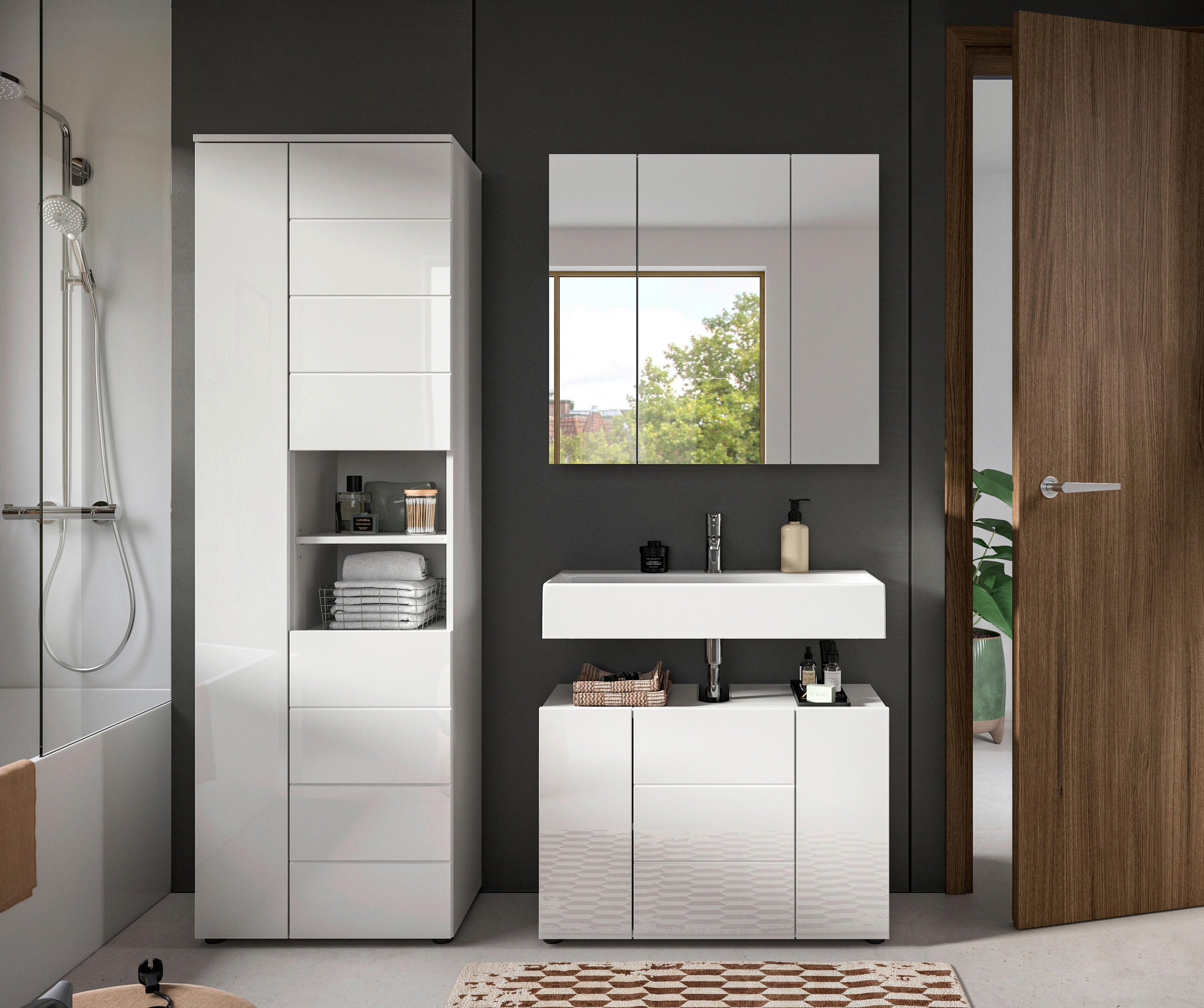 BADEZIMMER 3-teilig  in 142 cm  - Weiß Hochglanz/Schwarz, MODERN, Holzwerkstoff/Kunststoff (142cm) - MID.YOU