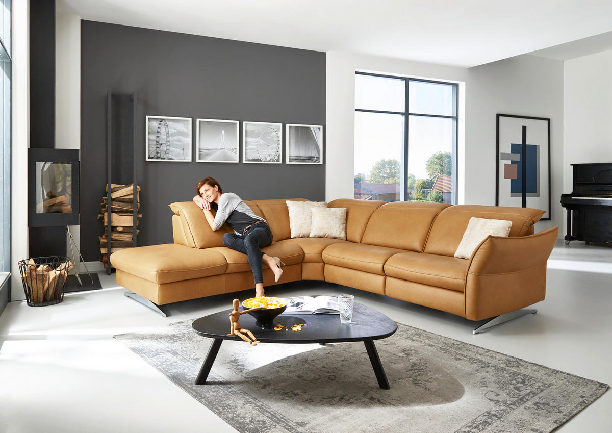ECKSOFA in Echtleder Orange  - Edelstahlfarben/Orange, Design, Leder/Metall (258/292cm) - Hukla