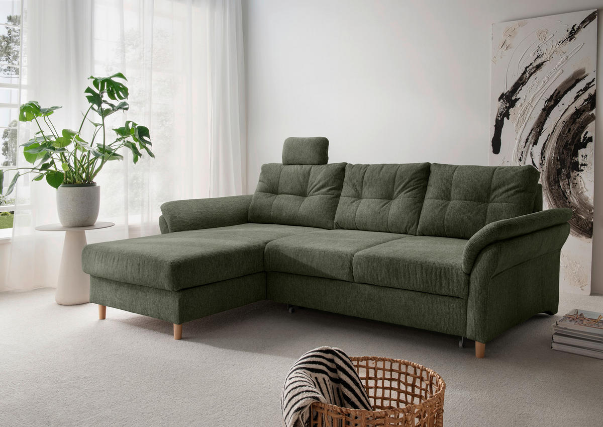 ECKSOFA in Chenille Dunkelgrün  - Dunkelgrün/Naturfarben, Modern, Holz/Textil (176/250cm) - Livetastic