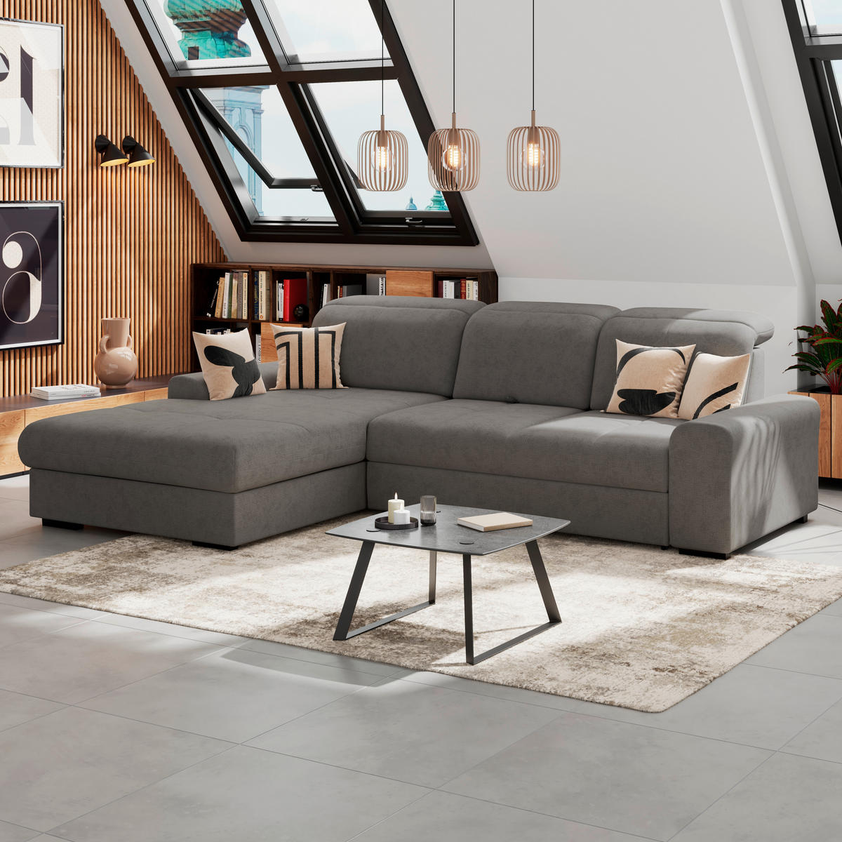 ECKSOFA Anthrazit Chenille Rücken echt, Kopfteilverstellung  - Anthrazit/Schwarz, KONVENTIONELL, Holz/Textil (203/286cm) - MID.YOU