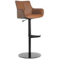 BARHOCKER Echtleder Schwarz, Cognac Eisen Lederauswahl, Sitzfläche 360° drehbar, automatische Rückholfunktion  - Cognac/Schwarz, Design, Leder/Metall (54/92-112/55cm) - Novel