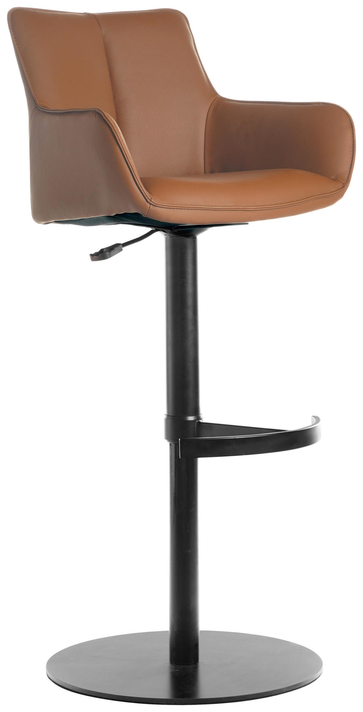 BARHOCKER Echtleder Schwarz, Cognac Eisen Lederauswahl, Sitzfläche 360° drehbar, automatische Rückholfunktion  - Cognac/Schwarz, Design, Leder/Metall (54/92-112/55cm) - Novel