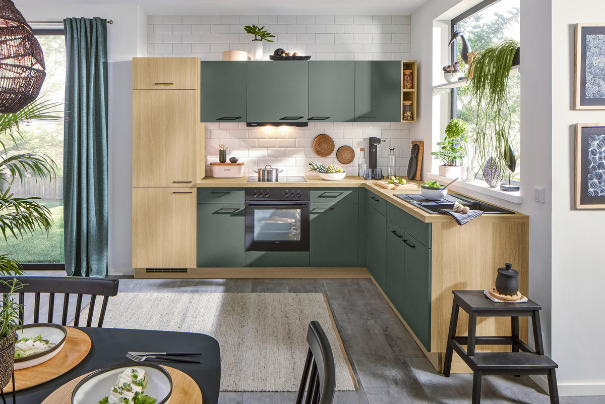 EINBAUKÜCHE   - Dunkelgrün/Eichefarben, MODERN, Holzwerkstoff/Metall (275/215cm) - Welnova