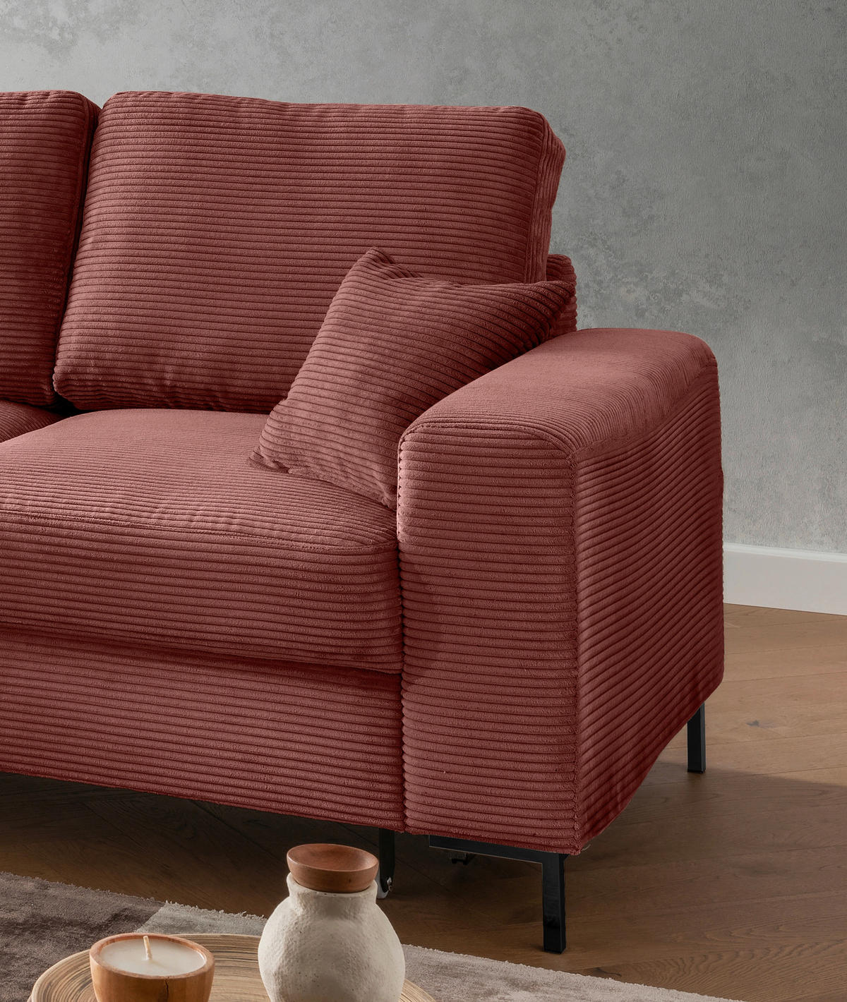 ECKSCHLAFSOFA  mit Rücken echt Cord Koralle  - Koralle/Schwarz, KONVENTIONELL, Textil/Metall (143/237cm) - Livetastic