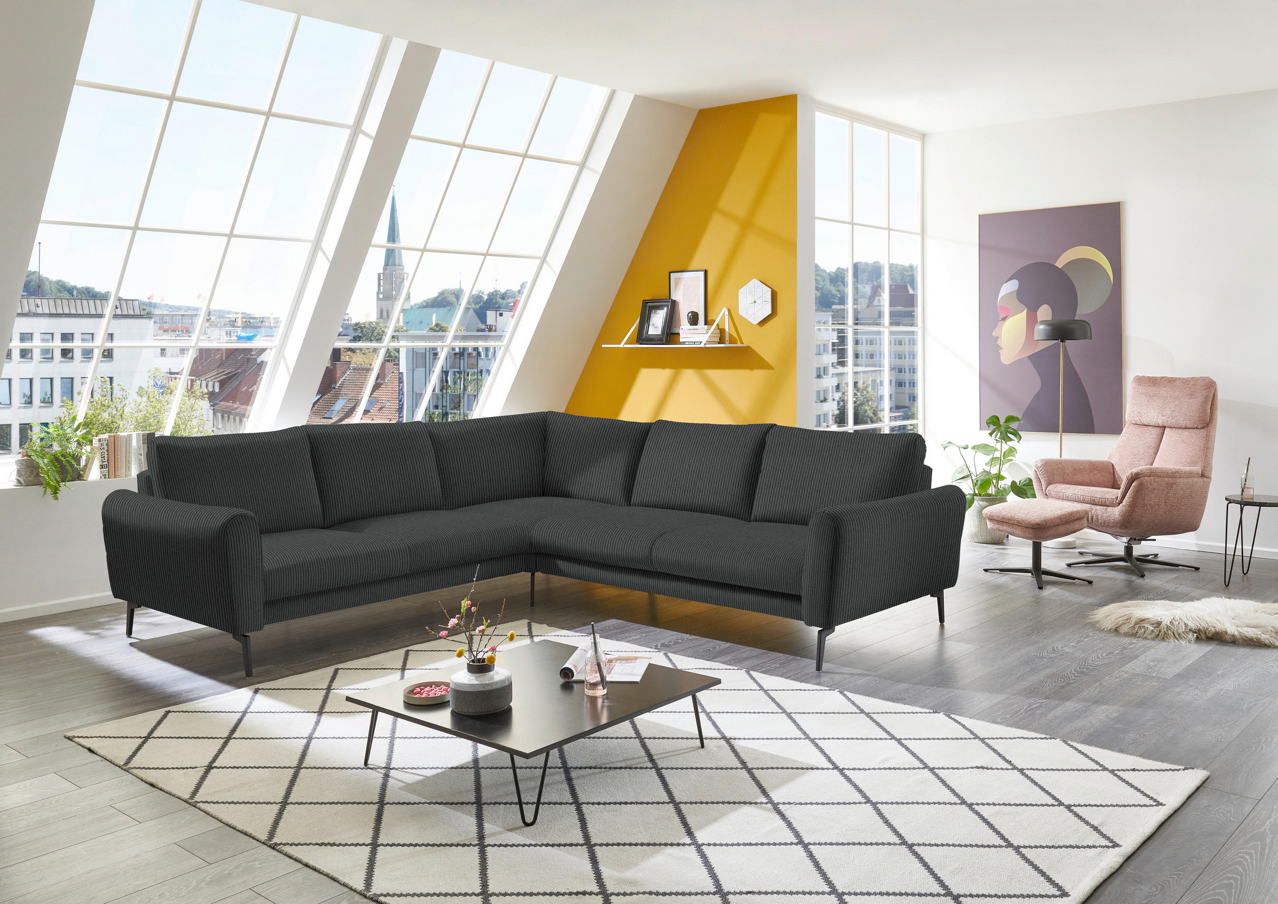 ECKSOFA in Velours, Feincord Anthrazit  - Anthrazit/Schwarz, Design, Textil/Metall (254/280cm) - Beldomo Style